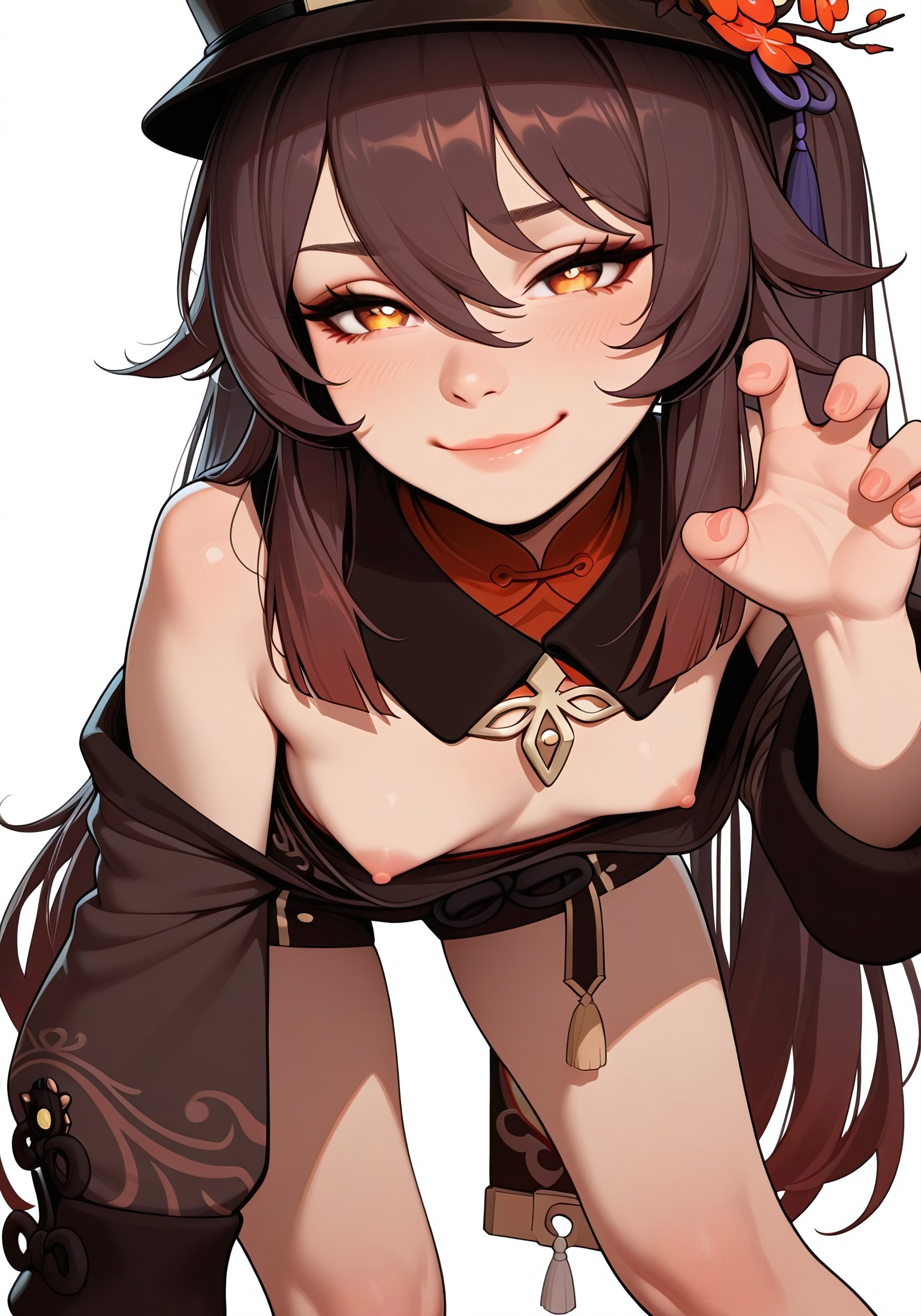2d, ai generated, anime, breasts, brown hair, claw pose, cute, female, galaktika73, genshin impact, hu tao (genshin impact), legs, long hair, looking at viewer, nipples, perfect body, simple background, small breasts, smile, standing