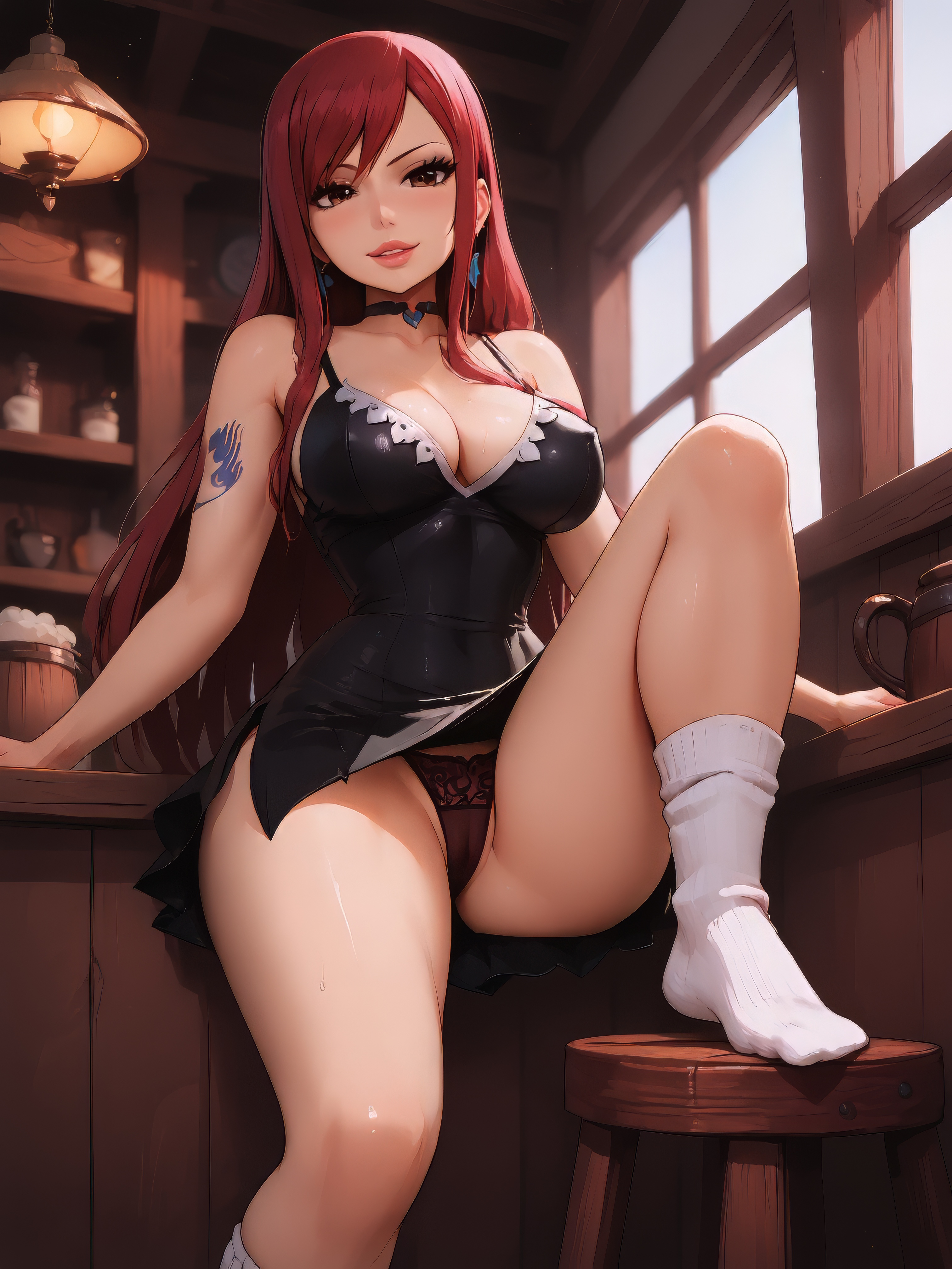 1girls, ai generated, arm tattoo, bdmaestro, blue tattoo, cameltoe, cleavage, dress, erza scarlet, fairy tail, fairy tail mark, female, leg up, panties, pussy, red hair, red-haired female, smile, socks, tattoo