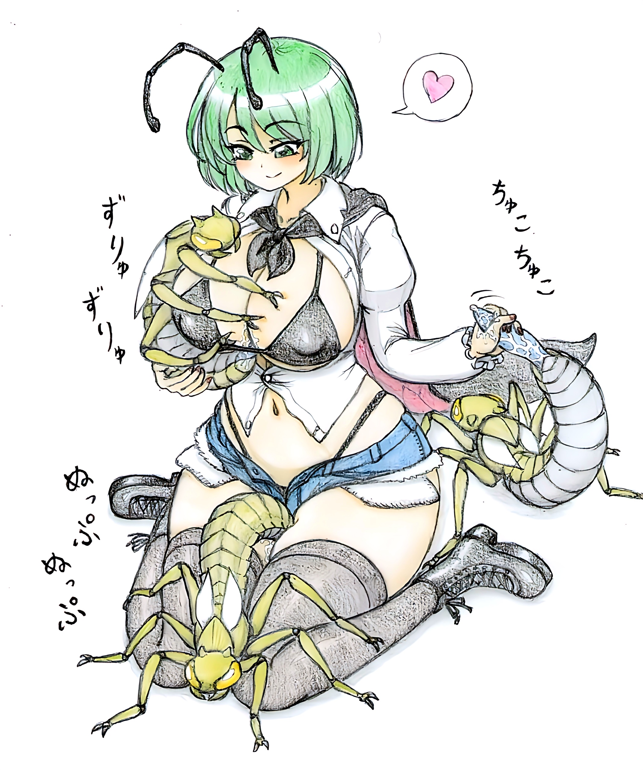 1girls, 2d, antennae (anatomy), boots, breasts, bug, cape, cleavage, clothed, consensual, cum, female, foursome, goo, green eyes, green hair, handjob, heart, insectophilia, insects, interspecies, nail polish, nipple bulge, nipples visible through clothing, p-man-daikaku, paizuri, red nails, shorts, slime (substance), speech bubble, thick thighs, thigh sex, thighhighs, thighs, titjob, touhou, traditional media (artwork), visible underwear, white shirt, wriggle nightbug, zoophilia