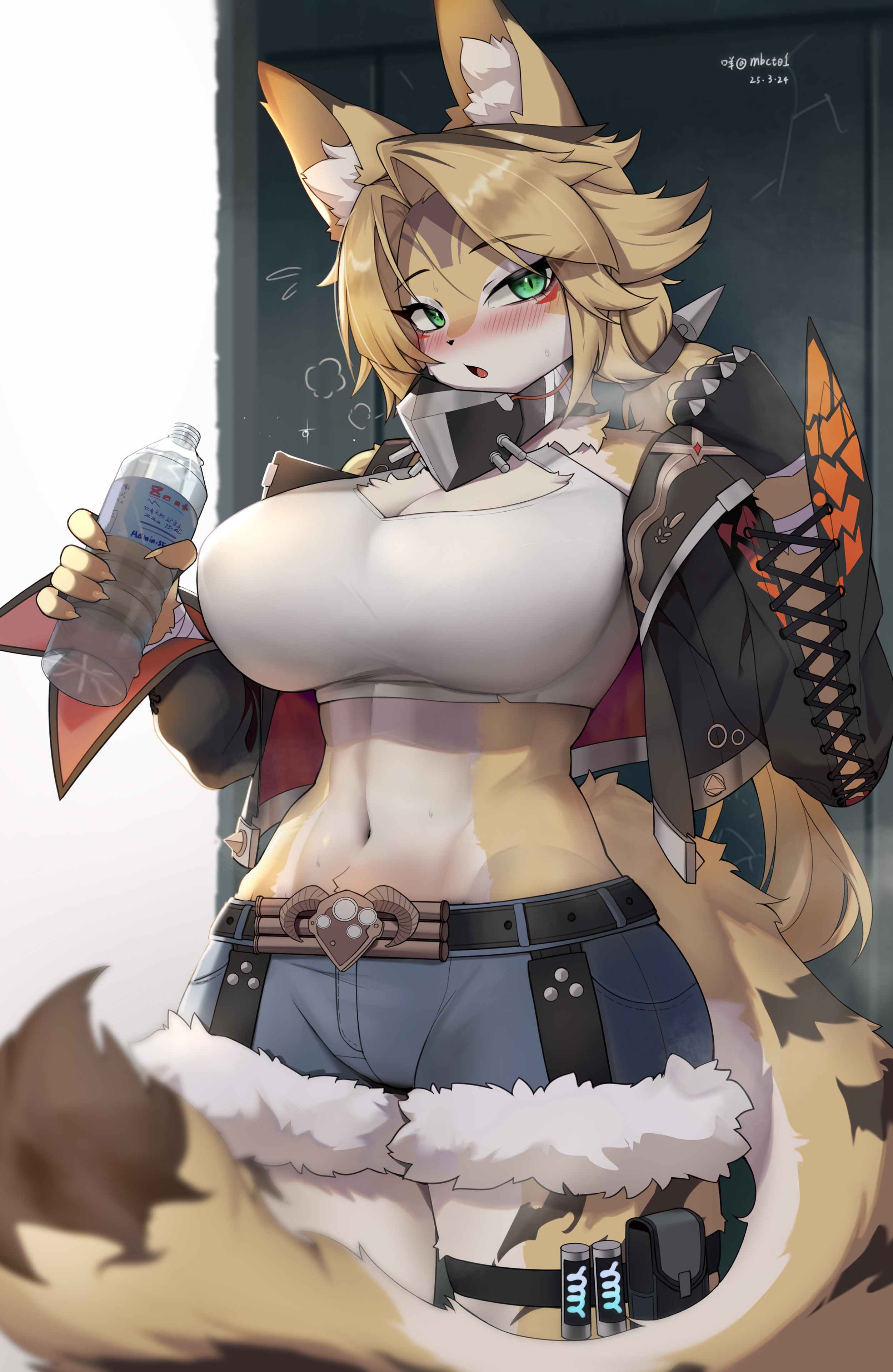 1girls, absurd res, anthro, ass, big ass, big breasts, big thighs, blonde hair, breasts, cat girl, cat humanoid, catgirl, choker, clothing, curvy figure, denim, denim clothing, denim shorts, domestic cat, erect nipples, felid, feline, feline humanoid, felis, female, fit, fit abs, fit female, fur, furry, green eyes, hair, hi res, huge ass, huge breasts, huge thighs, jewelry, mihoyo, mmbct01, multicolored body, multicolored fur, necklace, nipples, pulchra (zenless zone zero), pulchra fellini, smile, smug, solo, striped body, striped fur, stripes, tagme, tail, thick thighs, thighs, two-piece swimsuit, white body, white fur, wide hips, yellow body, yellow fur, zenless zone zero