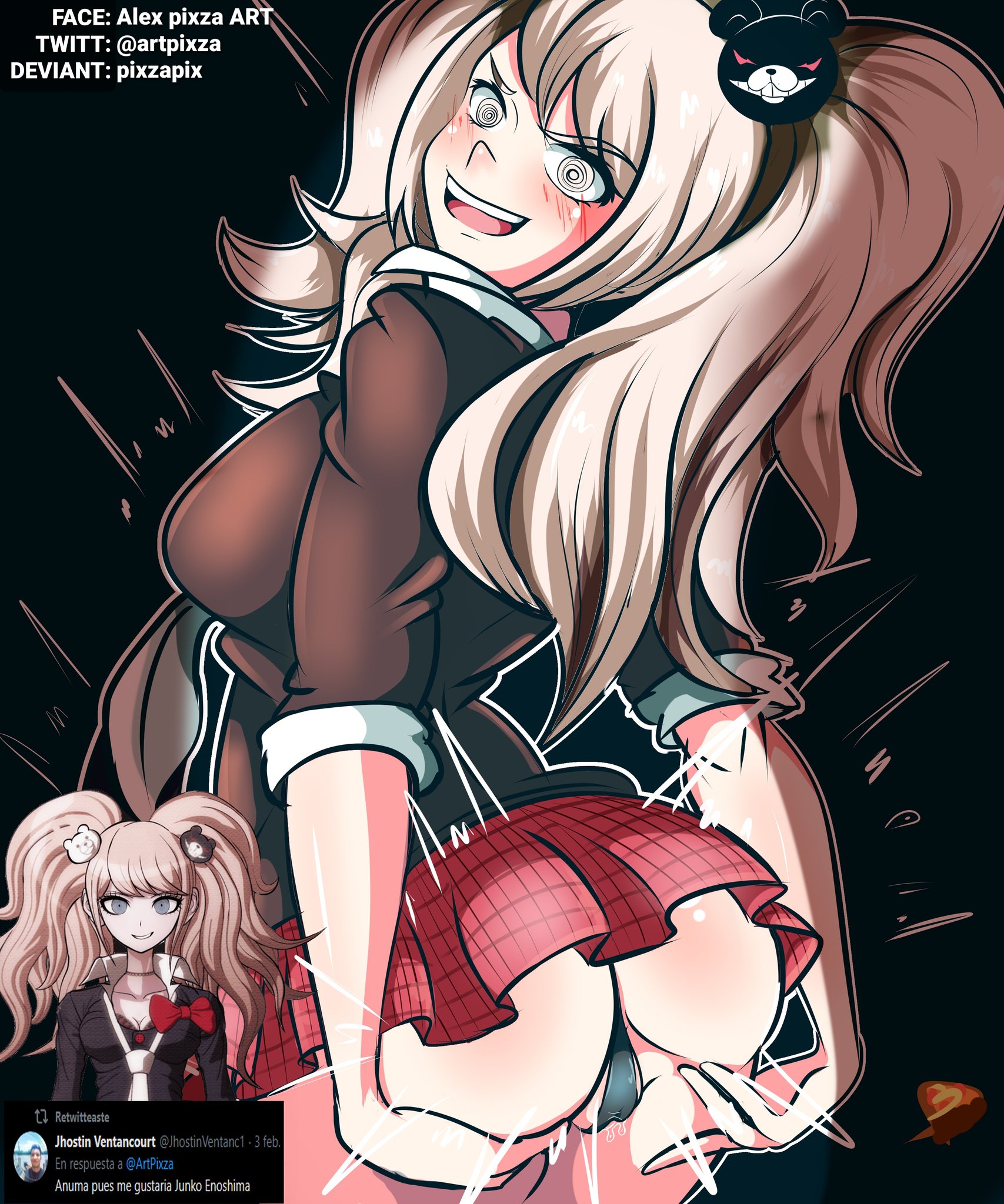 1girls, asian female, ass, ass focus, ass shot, big ass, black panties, black thong, breasts, crazy eyes, danganronpa, danganronpa: trigger happy havoc, dripping, dripping pussy, female, female only, huge ass, junko enoshima, large ass, looking at viewer, miniskirt, panties, pink hair, pixzapix, pussy, pussy juice, pussy juice drip, schoolgirl, skirt, skirt lift, smile, smiling at viewer, smooth skin, spread ass, thong, wet pussy