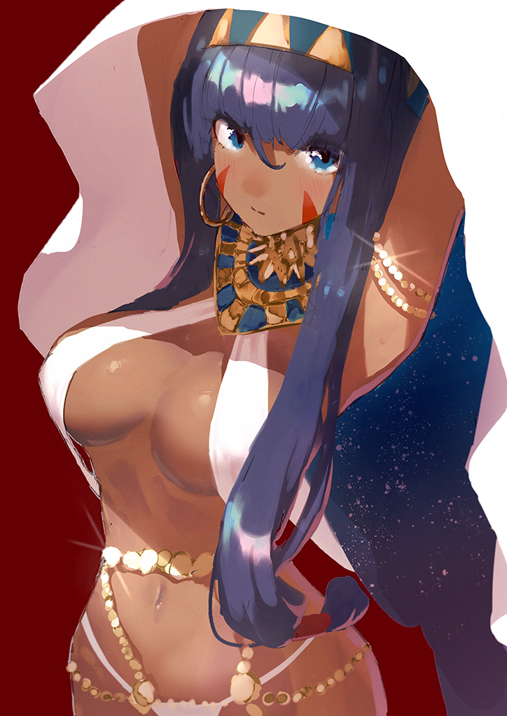 a-shika, artist request, big breasts, bikini top, blue eyes, breasts, dark skin, dark-skinned female, facial markings, fate (series), fate/grand order, female, nitocris (fate/grand order), painting (artwork), purple hair