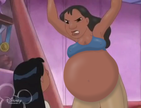 belly big_belly big_breasts breasts dark-skinned_female dark_skin edit erect_nipples fatandboobies female lilo_and_stitch nani_pelekai nipple_bulge pregnant screenshot_edit