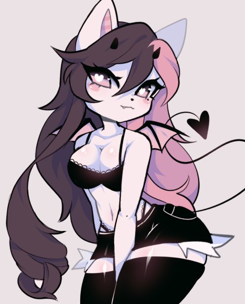 angel_(typh) anthro anthrofied bat_wings black_legwear black_shorts black_thighhighs blush brown_hair crispytyph demon_girl demon_horns demon_tail demon_wings feline female furry furry_ears furry_female furry_only hand_between_legs heart-shaped_pupils heart_tail looking_at_viewer multicolored_hair panties pink_hair short_shorts solo thong typh