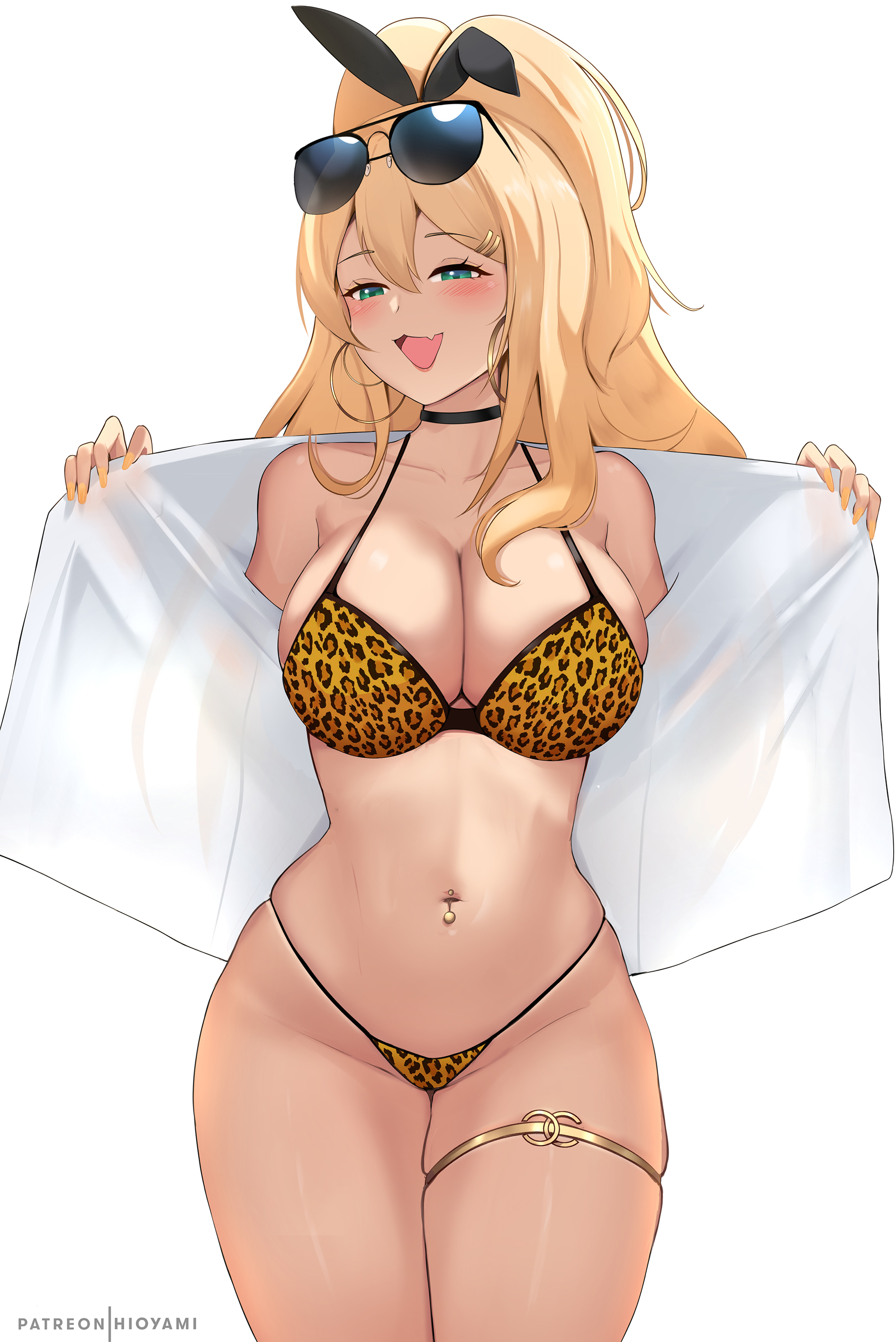 1girls, belly button piercing, bikini, blonde hair, breasts, cleavage, female, goddess of victory: nikke, gyaru, high ponytail, hioyami, hoop earrings, huge breasts, large breasts, leopard print, leopard print bikini, light skin, light-skinned female, long hair, naughty face, navel piercing, piercing, ponytail, rupee (nikke), smile, smug, sunglasses, sunglasses on head