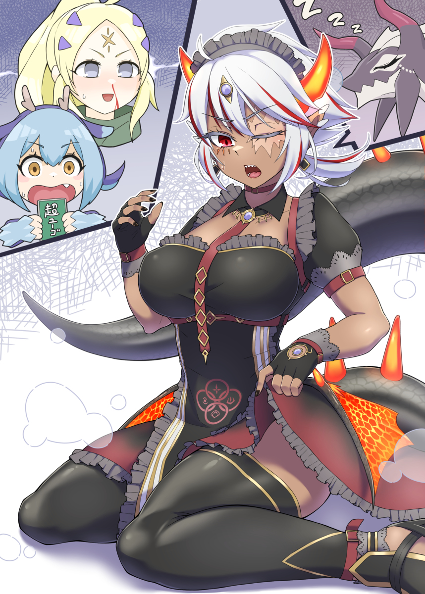 albaz big_breasts dark-skinned_female dogmatika_ecclesia_the_virtuous dragon_tail dragonmaid_series_(yu-gi-oh!) dragonmaid_sheou duel_monster elf_ears fallen_of_albaz female fusion genderswap_(mtf) incredible_ecclesia_the_virtuous maid maid_headdress maid_uniform multicolored_hair nosebleed pointy_ears rule_63 scar thighhighs white_hair yu-gi-oh!