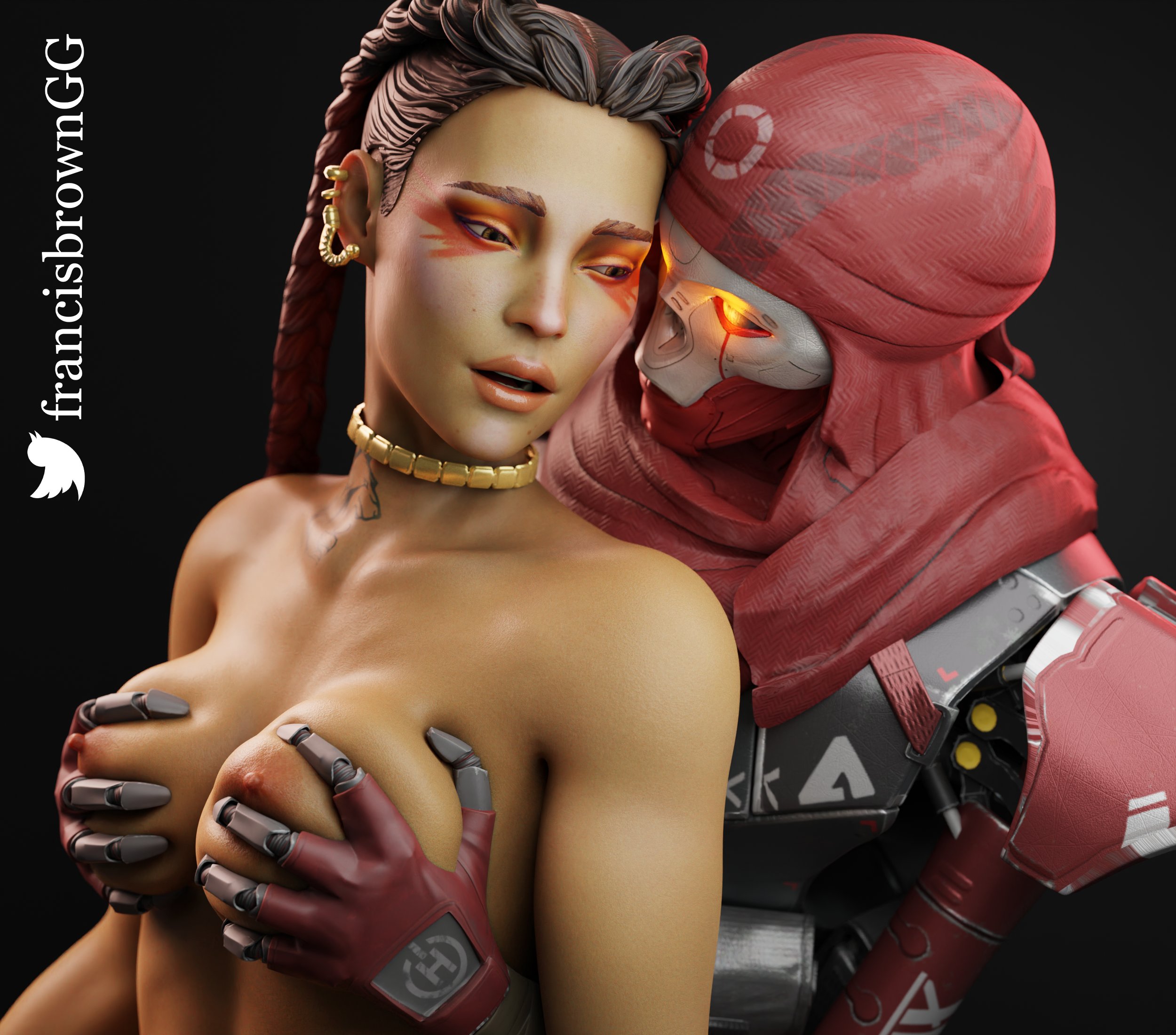 1boy, 1girls, 3d, apex legends, areolae, big breasts, braided hair, braided twintails, breasts, dark skin, dark-skinned female, female, francis brown, grabbing breasts, grabbing from behind, groping, latina, loba (apex legends), male, nipples, respawn entertainment, revenant (apex legends), robot, tagme, tattoo