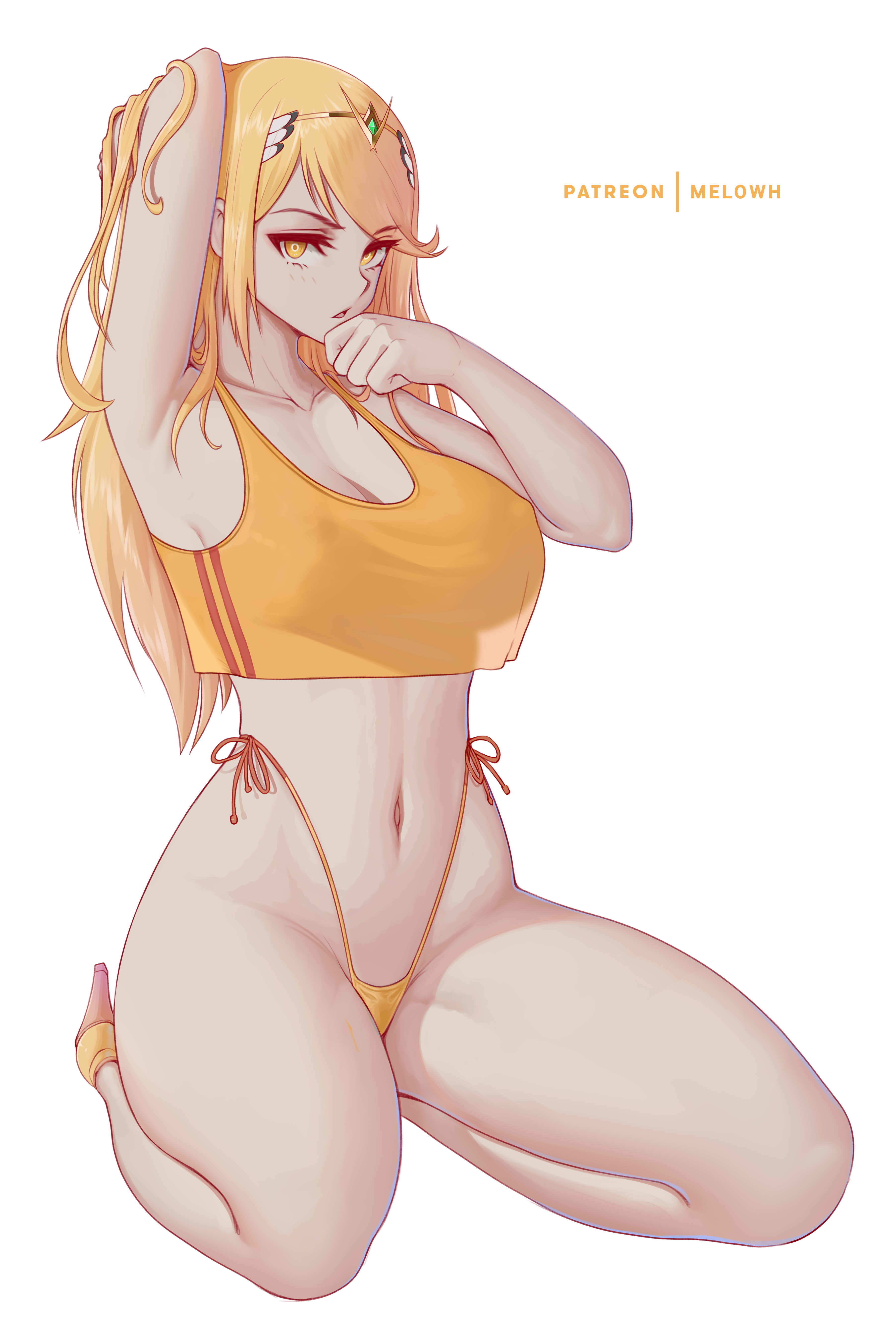 1girls, 202, 2022, bangs, blonde, breasts, female, female only, gold eyes, hips, huge breasts, kneeling, large breasts, light skin, light-skinned female, long hair, melowh, mythra, nintendo, simple background, slim waist, swept bangs, thick thighs, thighs, wide hips, xenoblade (series), xenoblade chronicles 2