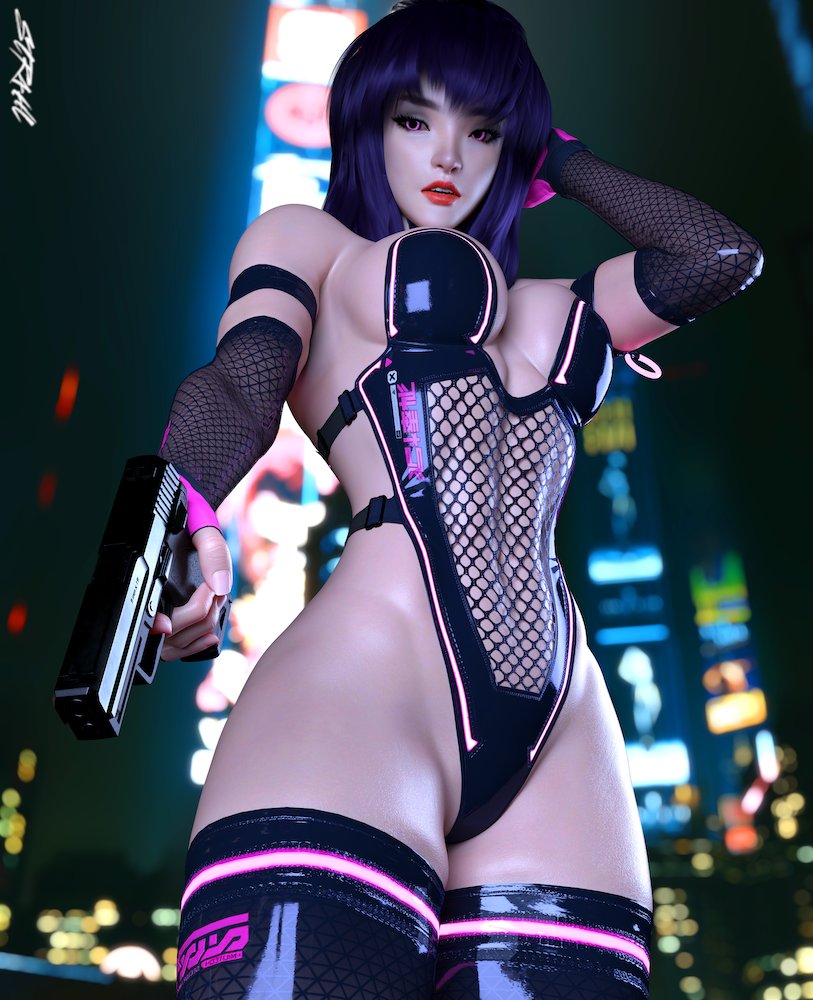 1girls, 2022, 3d, bodysuit, breasts, city, fanart, female, female only, firearm, fishnets, ghost in the shell, glowing eyes, gun, holding gun, holding object, holding weapon, human, kusanagi motoko, large breasts, leotard, lipstick, long hair, looking at viewer, pale skin, pinup, red lipstick, sci-fi, science fiction, slushe (website), solo, solo female, standing, str4hl, thighhighs, weapon, wide hips