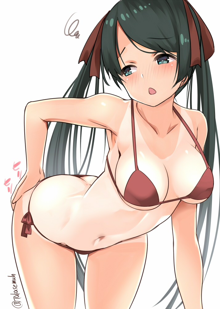 bare_arms bare_legs bare_shoulders bikini black_eyes black_hair blush breasts brown_bikini collarbone cowboy_shot female kantai_collection long_hair medium_breasts mikuma_(kantai_collection) navel open_mouth simple_background solo swimsuit takase_muh tan tanlines twintails twitter_username white_background