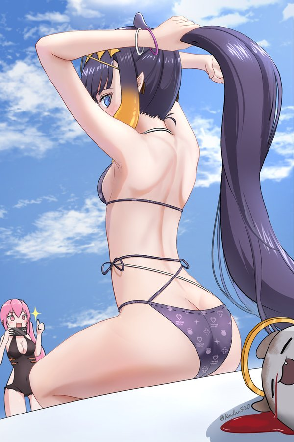 2girls artist_signature back big_breasts bikini blood boob_window dat_ass fan_mascot_(vtuber) female_focus female_only halo hololive hololive_english hololive_myth long_hair mori_calliope multiple_girls ninomae_ina'nis nosebleed one_piece_swimsuit pink_hair purple_bikini purple_hair reylan520 small_breasts sparkles taking_picture tako_(ninomae_ina'nis) takodachi thumbs_up tied_hair virtual_youtuber