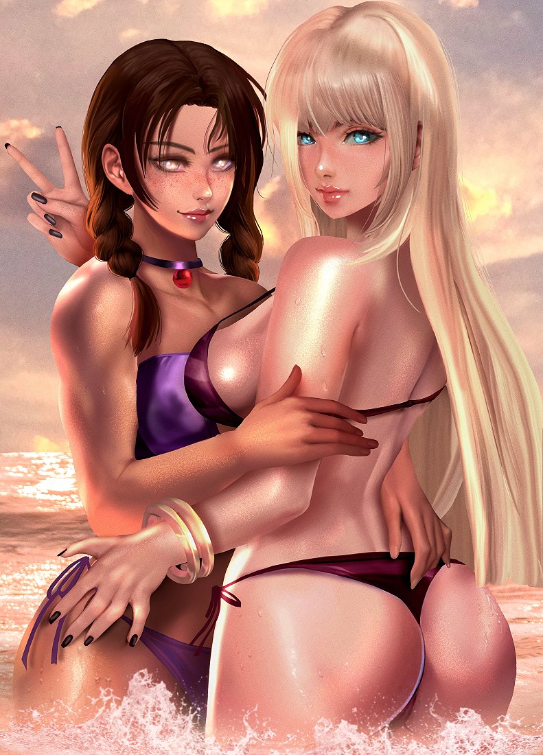 2girls, alluring, ass, big ass, big breasts, bikini, black nails, blonde hair, breasts, bubble ass, bubble butt, busty, emilie de rochefort, female, female abs, female only, freckles, julia chang, kittymiya, large breasts, looking at viewer, looking back, namco, outside, smile, swimsuit, tekken, tekken tag tournament 2, twin braids, v