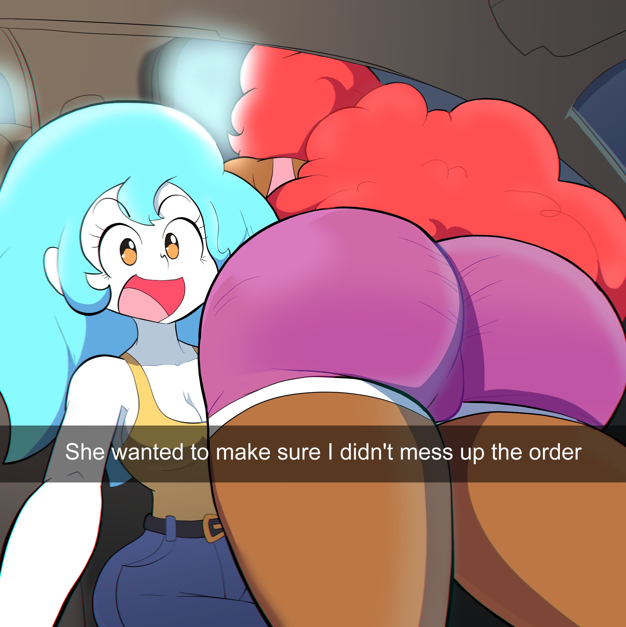 2girls, ass, big ass, big butt, blue hair, dark skin, dark-skinned female, english text, female, he wants to order, looking at viewer, meme, multiple females, multiple girls, oc, open mouth, orange eyes, original, original character, original characters, protorepulsive, red hair, repulsiveproto, shorts, smile, snapchat, text, thick thighs, white skin, yuri
