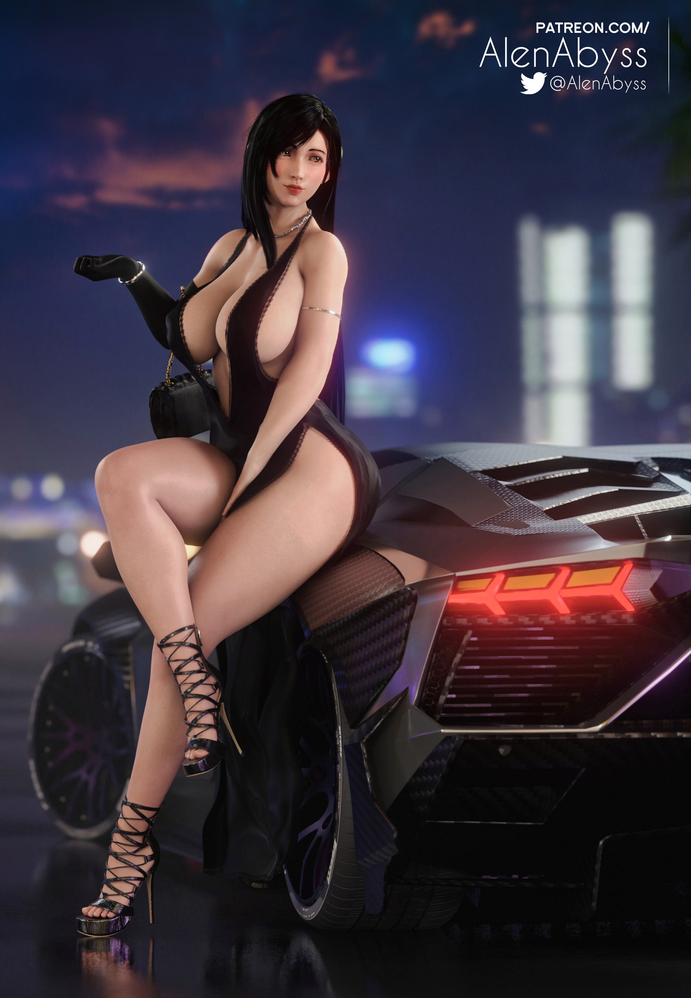 1girls, 3d, absurd res, alenabyss, ass, big ass, big breasts, big butt, black hair, blender, blender (software), breasts, bubble ass, bubble butt, busty, car, curvy, cute, dress, female, female only, final fantasy, final fantasy vii, final fantasy vii remake, hi res, high heels, high slit dress, hourglass figure, huge breasts, large breasts, open toe shoes, pose, posing, red eyes, seductive, seductive look, sensual, solo, square enix, thick, thick ass, thick thighs, thighs, tifa lockhart, wide hips