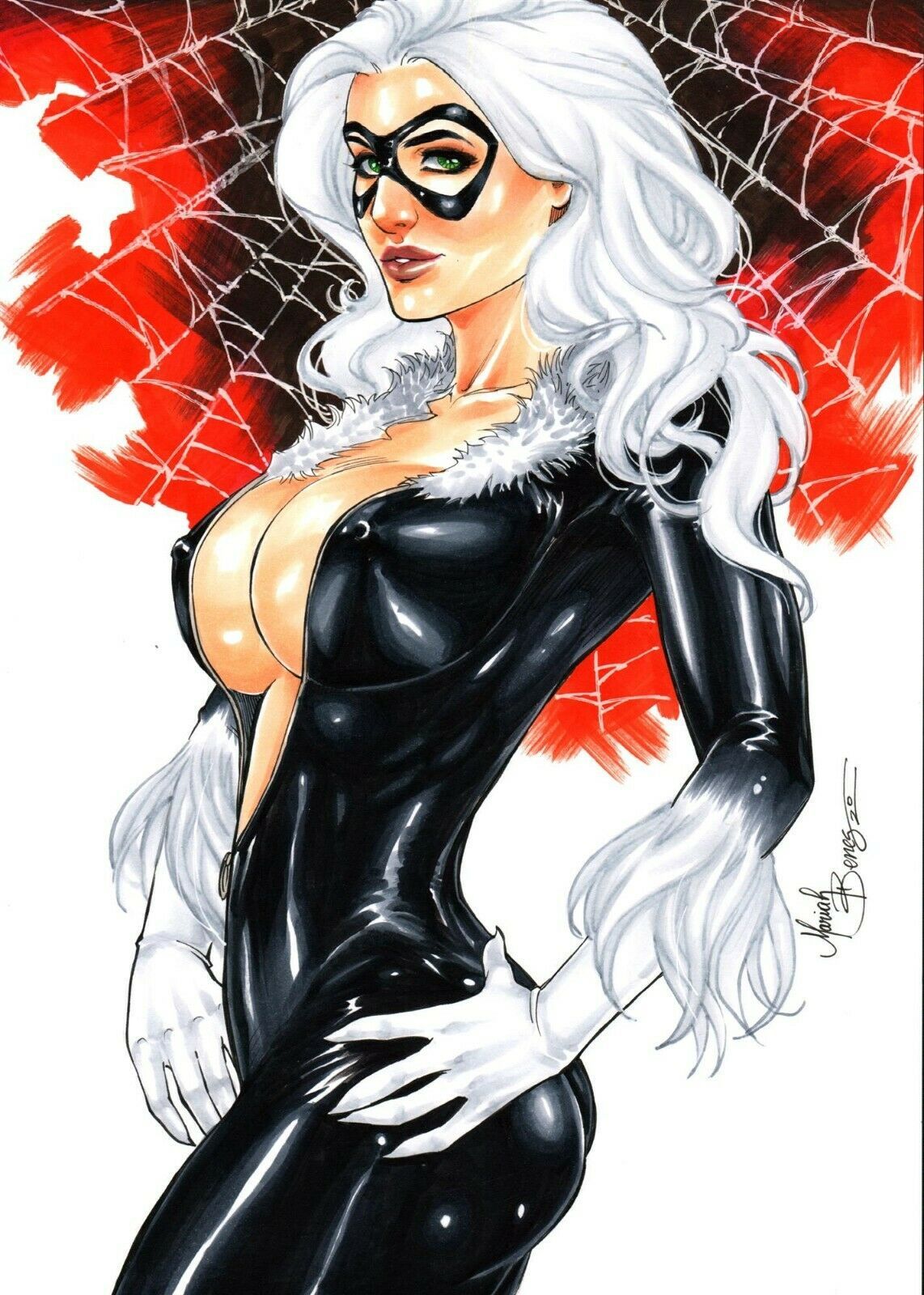 1girls big_ass black_cat_(marvel) boob_window curvaceous curvy_hips ed_benes_studio erect_nipples erect_nipples_under_clothes felicia_hardy green_eyes latex_suit long_hair looking_at_viewer mariah_benes marvel marvel_comics red_lipstick seductive_eyes seductive_looks side_view skin_tight spider-man_(series) tagme voluptuous voluptuous_female white_hair