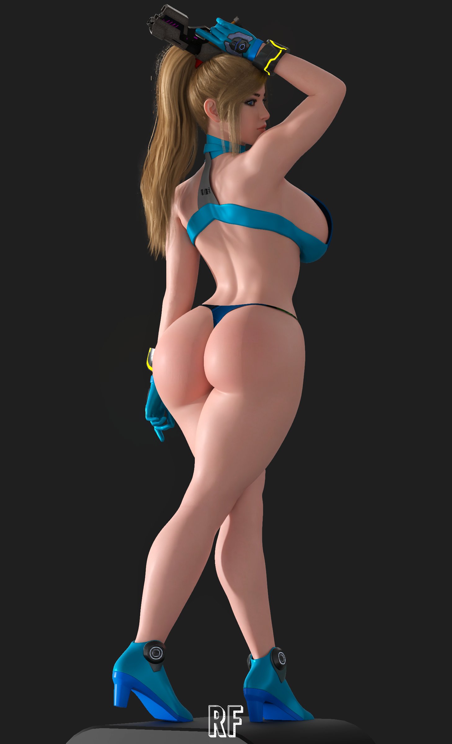 1girls, 3d, absurd res, ass, back view, big ass, bimbo, blonde hair, female, female only, hi res, high heels, looking back, metroid, nintendo, ponytail, rude frog, samus aran, solo, thong
