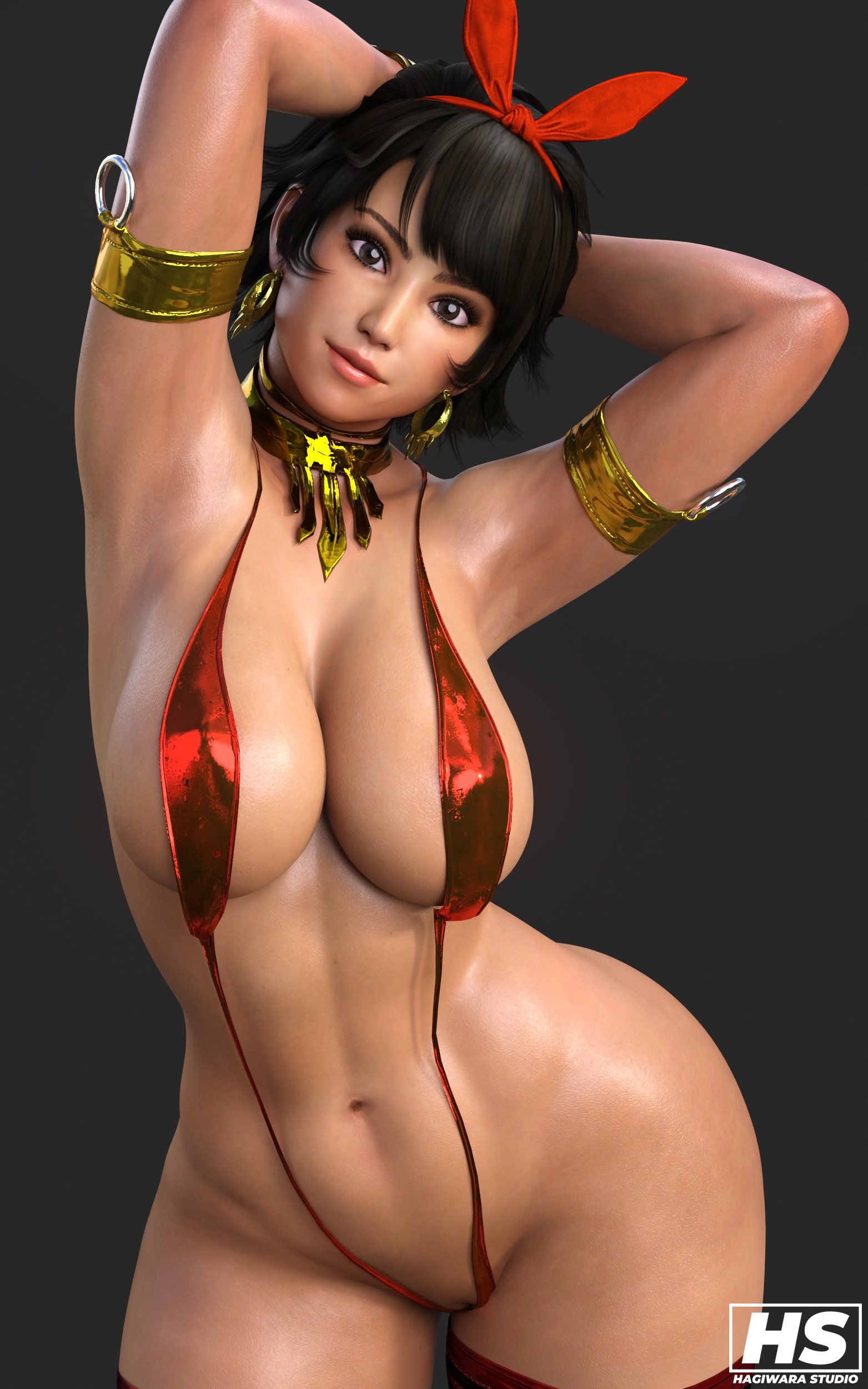 1girls, 3d, abs, ass, big breasts, bikini, bracelet, breasts, brown eyes, cleavage, dark skin, dark-skinned female, earrings, female, female only, hagiwara studio, josie rizal, medium hair, pinup, sling bikini, solo, swimsuit, tekken, tekken 7, thick ass, thick thighs, wide hips