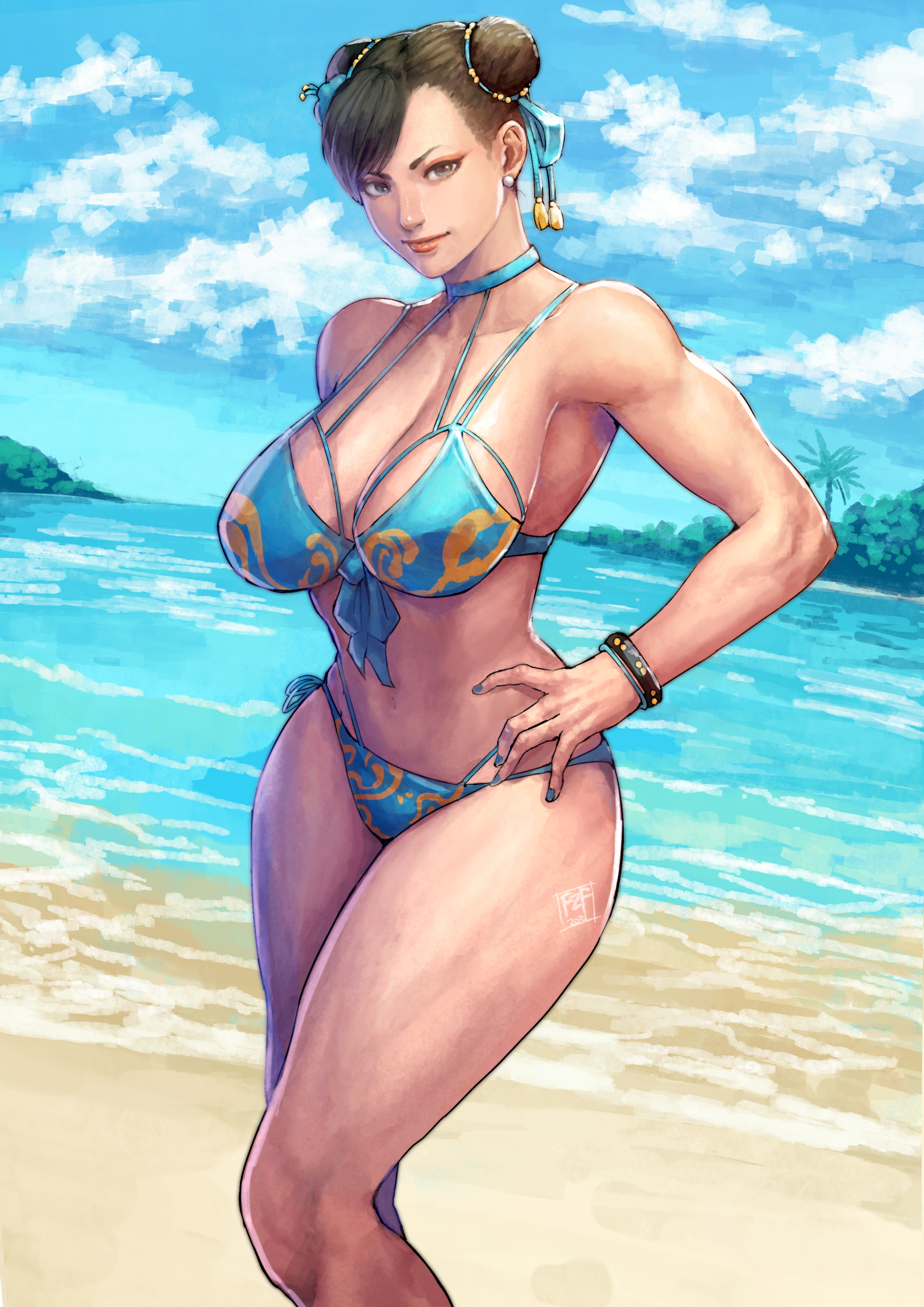 1girls, alternate costume, alternate version at source, alternate version available, beach, big breasts, bikini, blue bikini, bracelets, breasts, capcom, choker, chun-li, cirenk, female, female only, fully clothed, hair buns, hair ornament, looking at viewer, solo, solo female, solo focus, street fighter, swimsuit, tagme