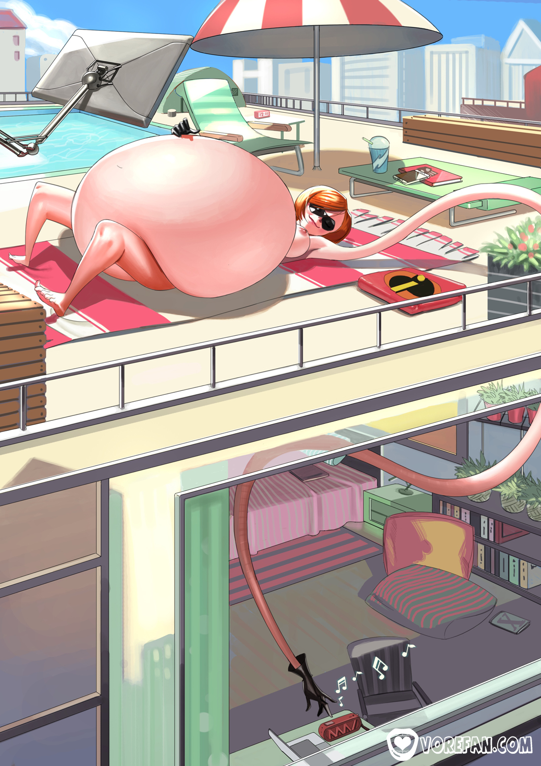 1girls, belly, big belly, big breasts, breasts, brown hair, elastigirl, elastigut, female, hand on belly, helen parr, huge belly, laying down, mature female, milf, mother, nipples, post-vore, same size vore, the incredibles, vore, vore-fan-comics
