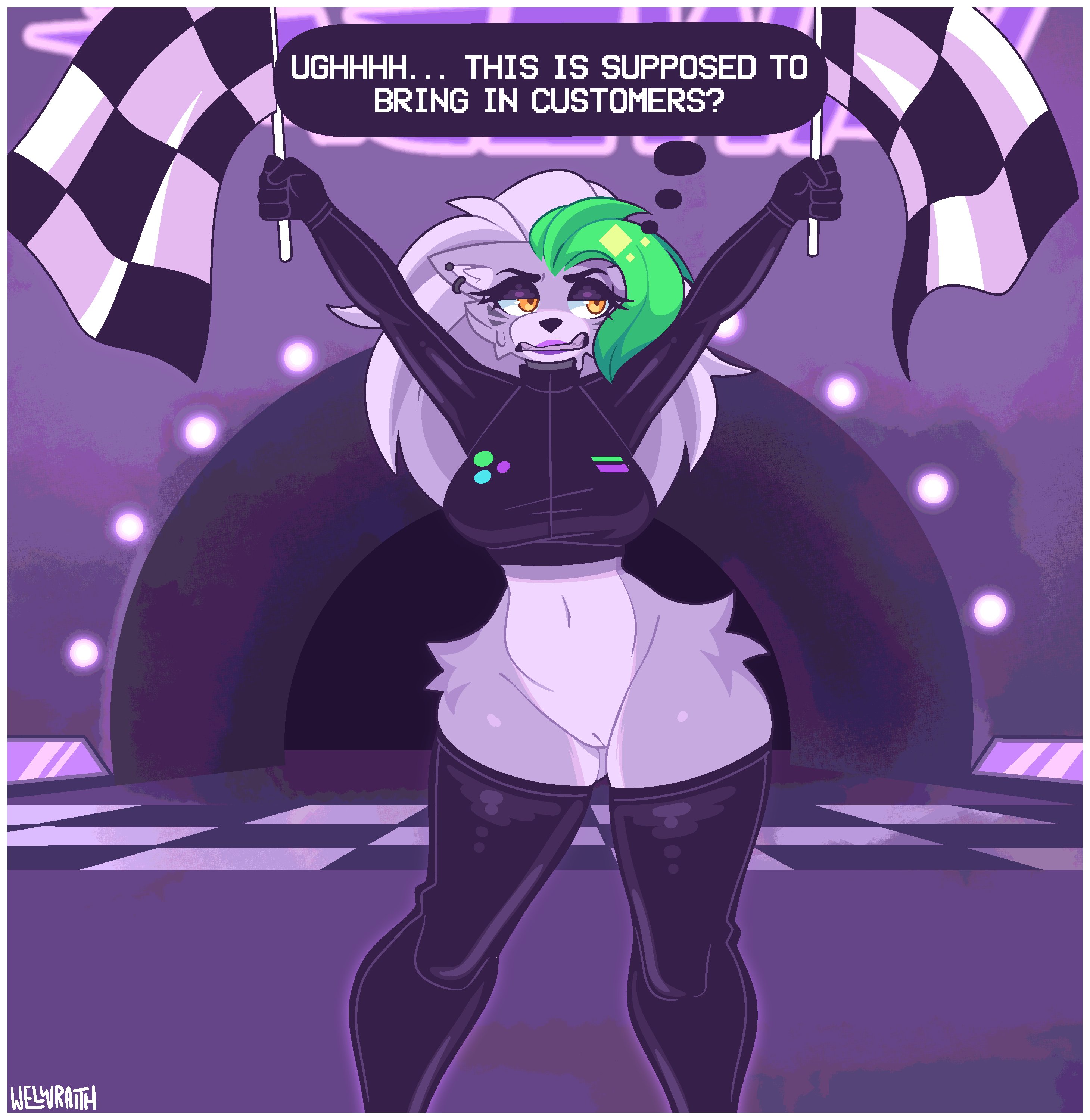 1girls, animatronic, anthro, armpits, bottomless, breasts, canid, canine, canis, clothed, clothing, dialogue, embarrassed, english text, exposed pussy, female, five nights at freddy's, five nights at freddy's: security breach, fur, furry, furry only, hi res, legwear, looking at another, no panties, no pants, partially clothed, pussy, racing suit, roxanne wolf (fnaf), solo, text, topwear, welwraith