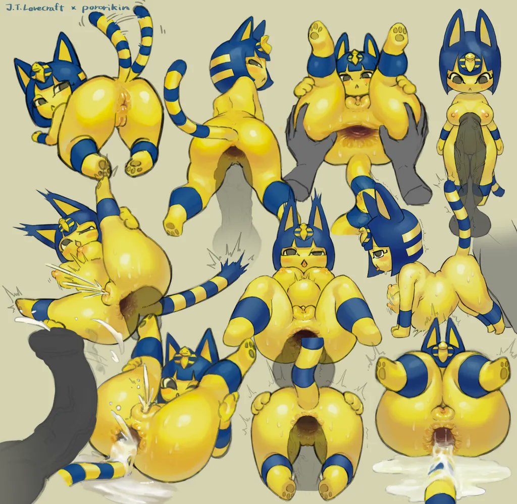 1boy, 1girls, anal, anal sex, animal crossing, ankha, anthro, anus, ass, big penis, blue hair, blush, bodily fluids, breasts, cum, cum in ass, cum inside, deep penetration, domestic cat, doodle, egyptian, felid, feline, female, fur, furry, gaping anus, genitals, hair, looking at viewer, male, mammal, nintendo, nipples, nude, penetration, penis, pororikin, pussy, sex, shortstack, simple background, stomach bulge, yellow body