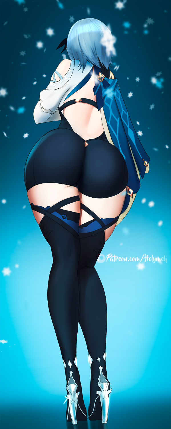 1girls, ass, back view, big ass, blue hair, eula (genshin impact), female, female only, full body, fully clothed, genshin impact, high heels, holymeh, short hair, solo, solo female, standing, thick thighs, thighs, wide hips