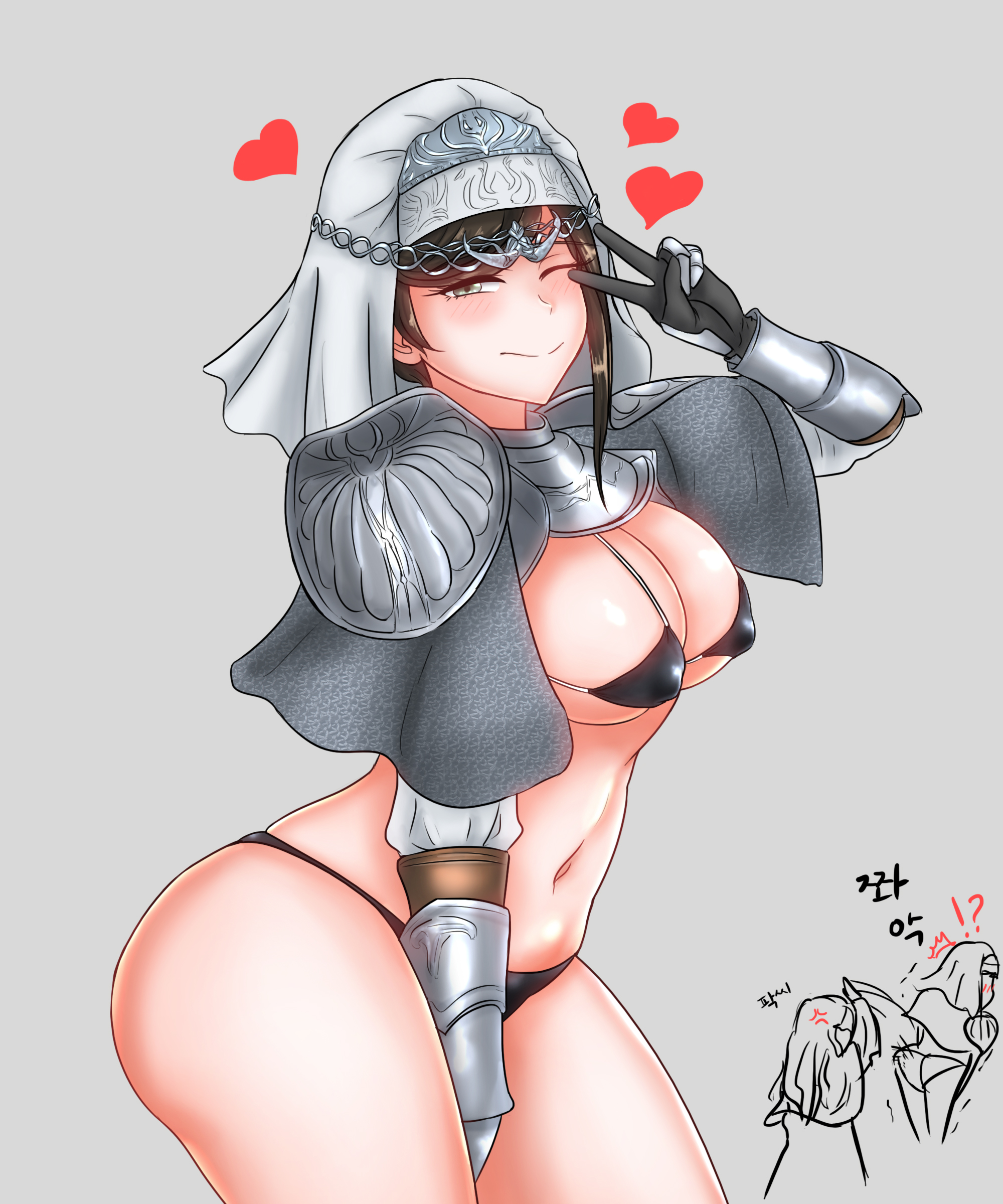 armor, ass, big ass, big breasts, bikini, black bikini, blush, breasts, brown hair, chainmail, circlet, cleavage, dark souls, dark souls 3, female, female knight, female only, fire keeper, fromsoftware, gauntlets, gloves, habit, headgear, headwear, hi res, knight, looking at viewer, micro bikini, pauldrons, sirris of the sunless realms, solo, underboob, v, veil, wink