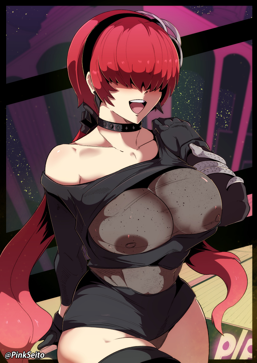 1girls, big breasts, blinding bangs, breasts, collar, eyes covered, female, king of fighters, long hair, open mouth, pinkseito, red eyes, see-through clothing, shermie (kof), smile, solo, thick thighs, visible underwear