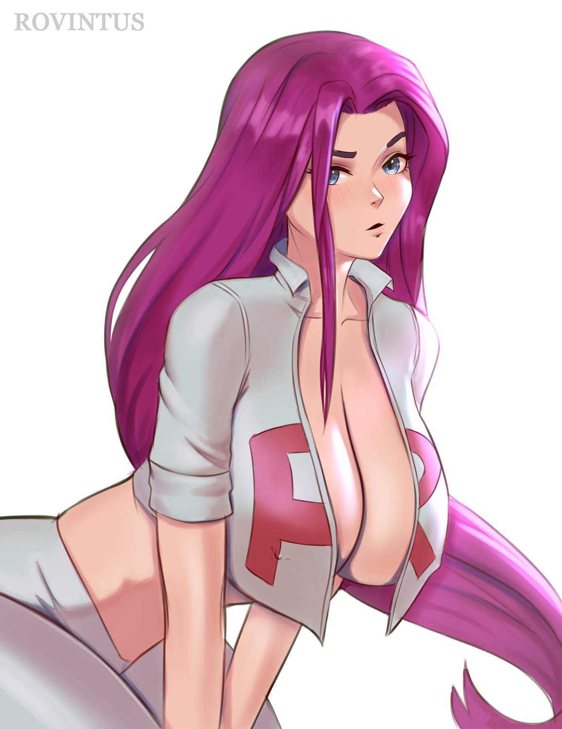 alternate hairstyle, blue eyes, breasts, female, hair down, highres, jessie (pokemon), large breasts, looking at viewer, open clothes, pokemon, pokemon (anime), pokemon (classic anime), purple hair, rovintus, simple background, single letter, solo, team rocket, team rocket uniform, white background