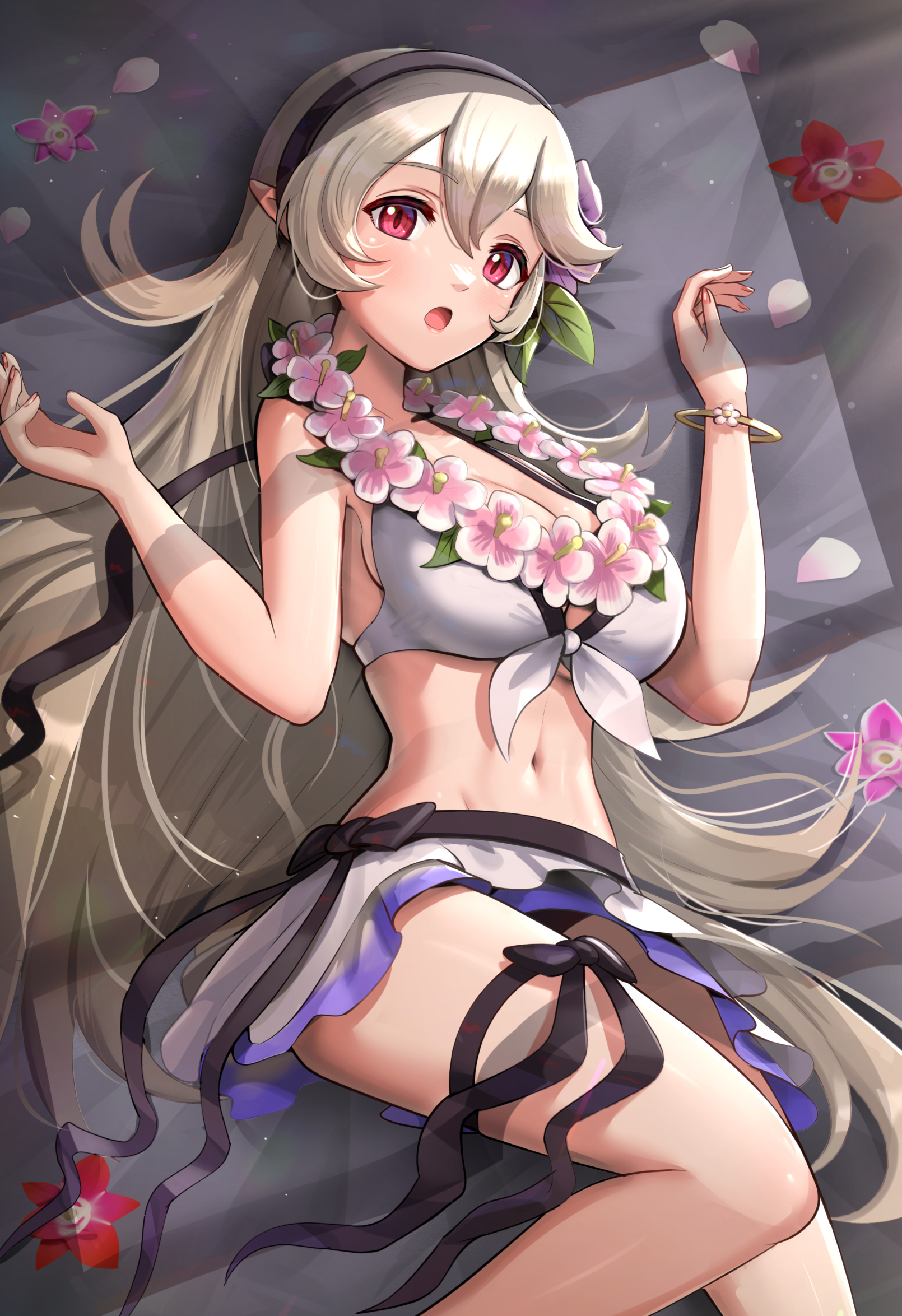 :o, 1girls, alternate costume, bangs, bikini, bikini skirt, black hairband, breasts, cleavage, commentary request, corrin (fire emblem), corrin (fire emblem) (female), female, female only, fire emblem, fire emblem fates, fire emblem heroes, flower, flower necklace, gonzarez, grey hair, hair between eyes, hair flower, hair ornament, hairband, highres, large breasts, long hair, looking at viewer, lying, navel, nintendo, official alternate costume, pink flower, red eyes, skirt, slit pupils, solo, stomach, swimsuit, very long hair, white bikini, white skirt, white swimsuit