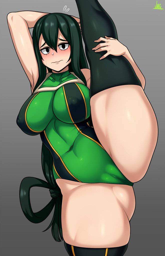 1girls, blush, blushing, clothed, clothed female, female, female only, froppy, green hair, hero outfit (mha), my hero academia, solo, solo female, stretching, tsuyu asui