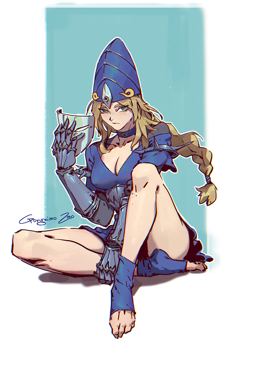 armor, bare legs, braid, braided hair, breasts, choker, cleavage, dark souls, female, female knight, female only, fromsoftware, full body, gauntlets, green eyes, headgear, headwear, helmet, knight, long hair, looking at viewer, lord's blade ciaran, mask, mask removed, medium breasts, single braid, sitting, solo, stirrup legwear, stirrup socks, toes