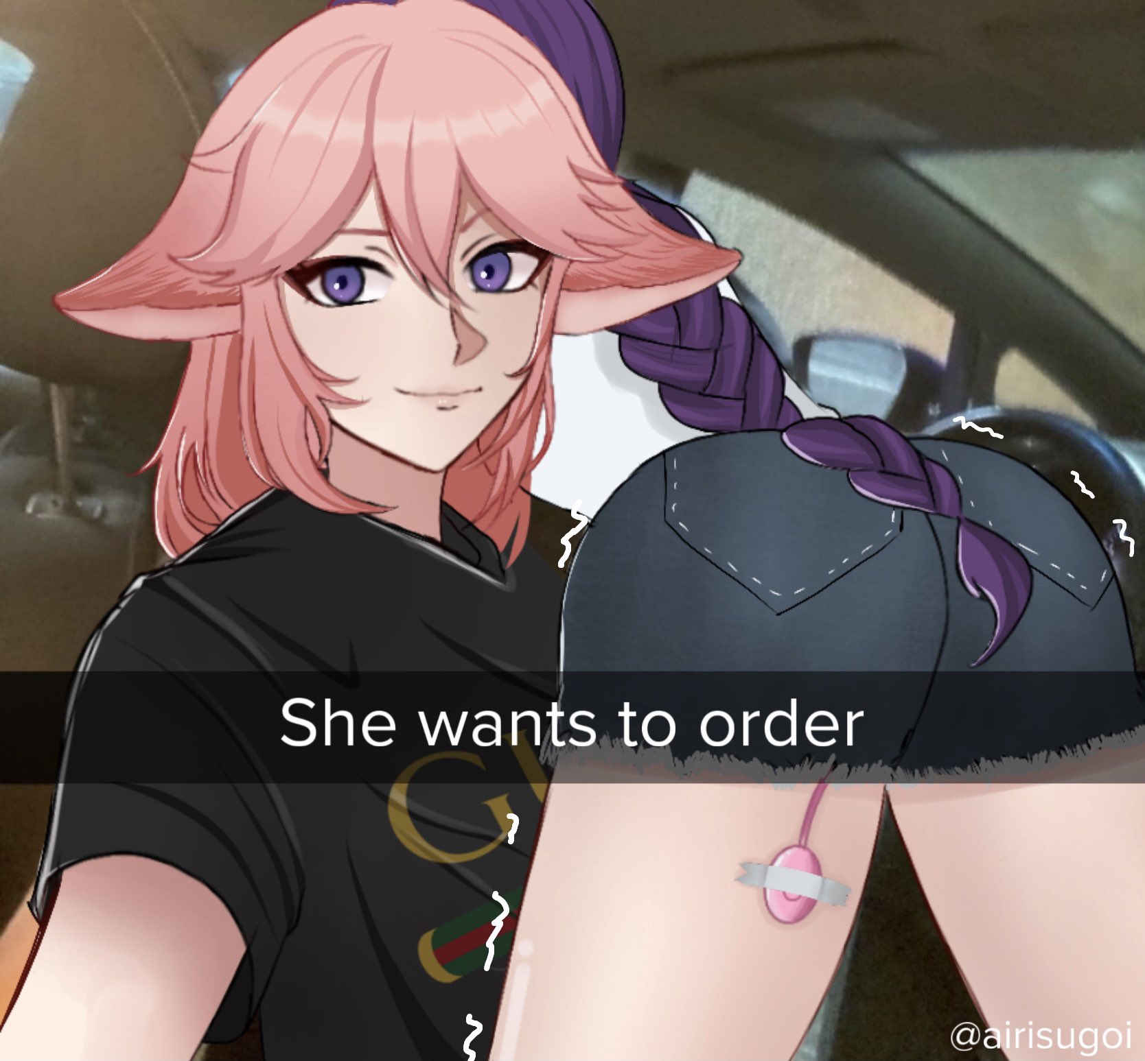 2girls, animal ears, ass, braid, braided ponytail, car interior, closed mouth, female, female only, fox ears, genshin impact, he wants to order, highres, meme, multiple females, multiple girls, pink hair, purple eyes, purple hair, raiden shogun, rear-view mirror, sex toy, smile, snapchat, steering wheel, trembling, vibrator, vibrator under clothes, yae miko, yuri