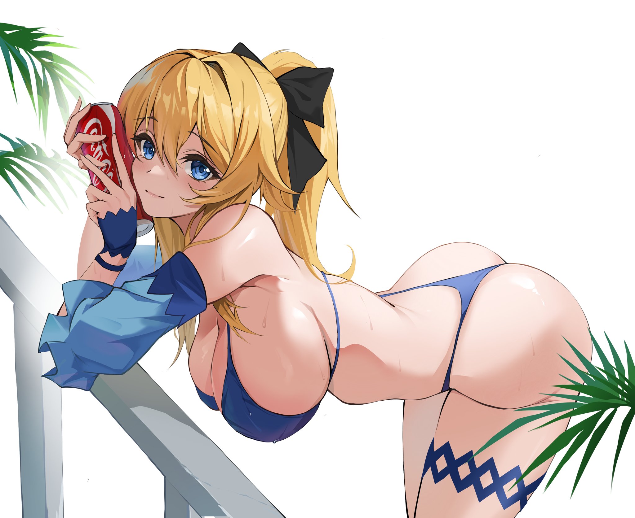 ass, bikini, blonde hair, blue eyes, coca-cola, cute, female, genshin impact, jean gunnhildr, jean gunnhildr (sea breeze dandelion), leaves, ribbon, solo
