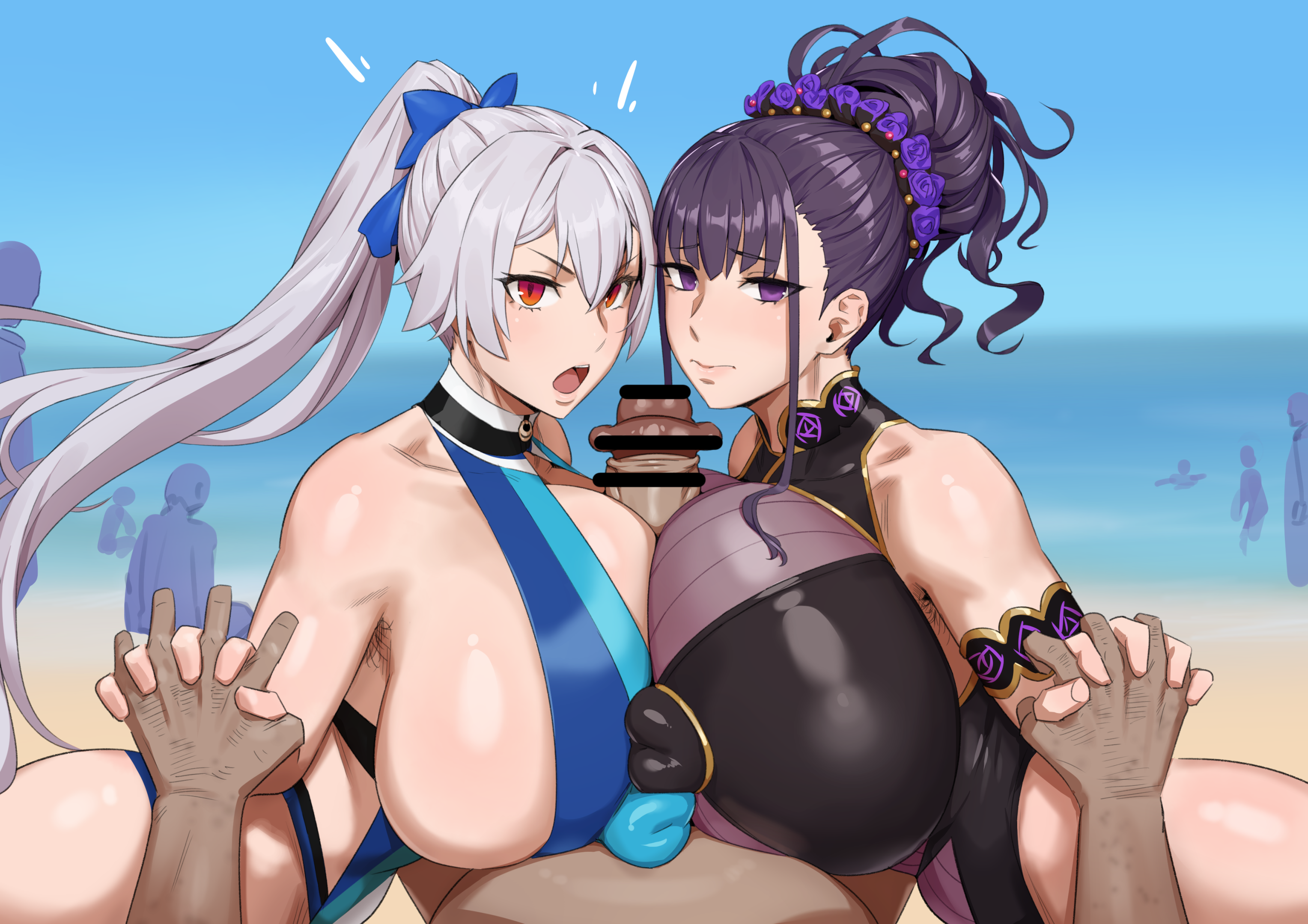 1boy, 2022, 2girls, absurd res, absurdres, beach, breasts, censored, censored penis, clothed, clothed female, clothed paizuri, collaborative paizuri, double paizuri, exhibitionism, fate (series), fate/grand order, female, female armpit hair, ffm threesome, hairy armpits, hand holding, hi res, huge cock, interracial, kunaboto, light skin, light-skinned female, light-skinned male, long hair, looking at viewer, male, murasaki shikibu (fate), murasaki shikibu (swimsuit rider) (fate), old man customer (fate/grand order), original character, outdoors, paizuri, penis, pov, public, public sex, purple eyes, purple hair, red eyes, swimsuit, textless, textless version, threesome, tied hair, tomoe gozen (fate), tomoe gozen (swimsuit saber) (fate), venus body, white hair