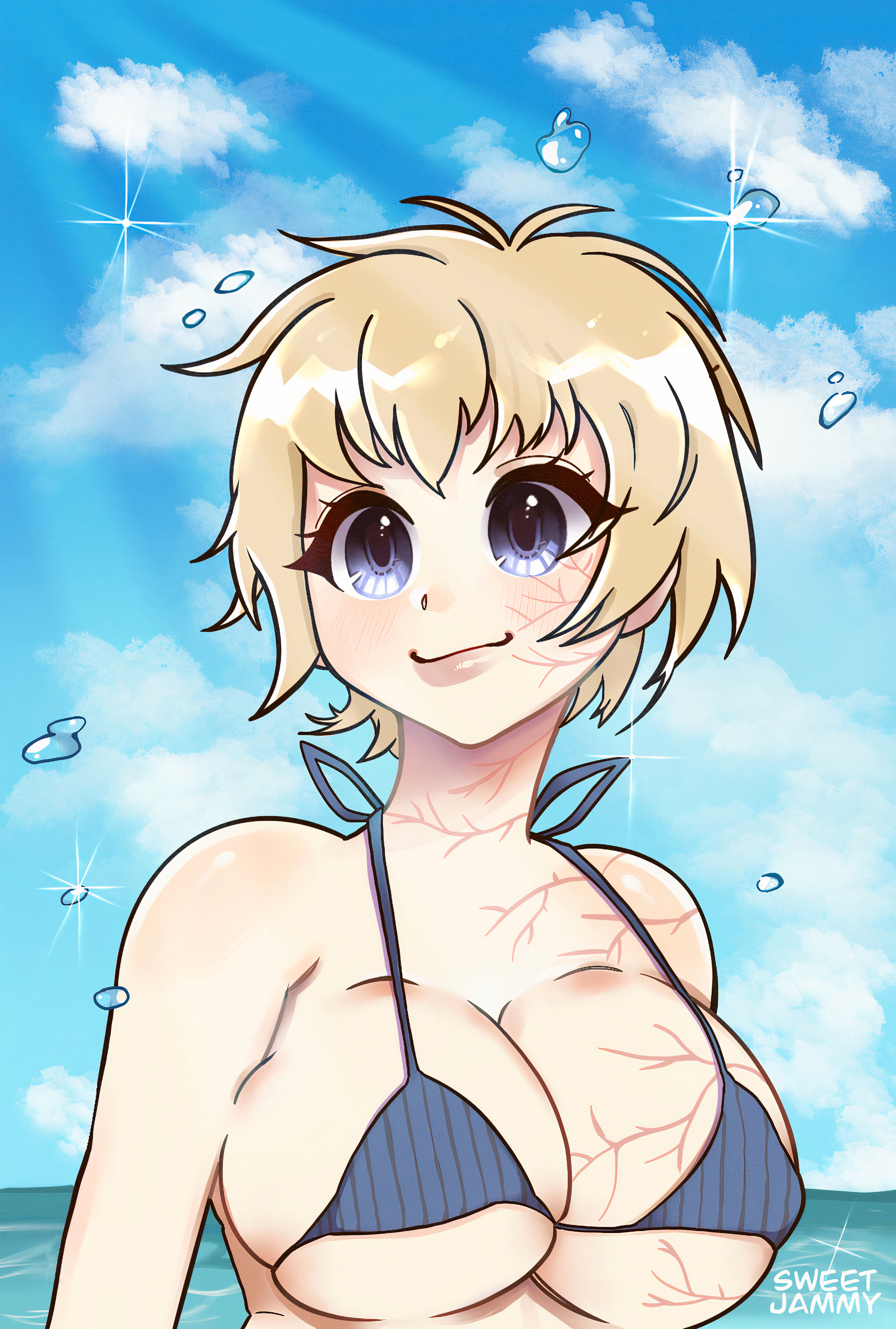 alternate breast size, apex legends, areolae, author: jammy, beach, big breasts, blue eyes, bra, breast hold, breasts, bursting breasts, female, happy, huge breasts, lichtenberg figure, looking at another, outgrowing clothes, scar, scars, stretched clothing, swimsuit, swimwear, tight clothing, water, wattson (apex legends), yellow hair