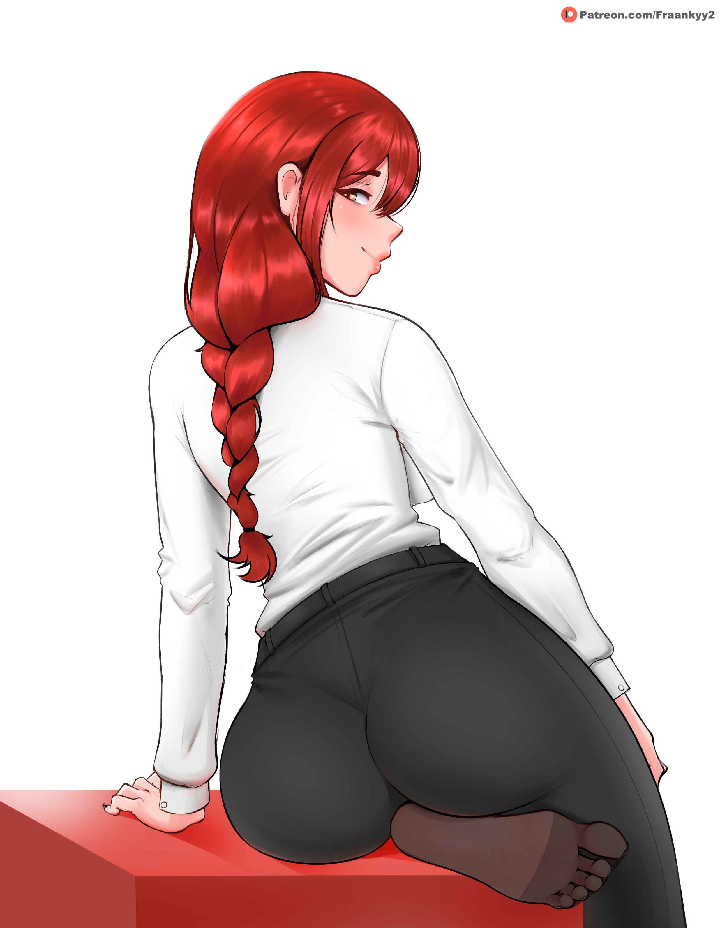 1girls, 2d, 2d (artwork), amber eyes, artist name, artist website, ass, ass focus, barefoot, breasts, bubble ass, bubble butt, chainsaw man, clothed, feet, female, female only, fraankyy, from behind, fully clothed, large ass, large breasts, light skin, light-skinned female, looking at viewer, looking back, makima (chainsaw man), orange eyes, pantyhose, patreon, questionable, red hair, shirt, sidelocks, sitting, smile, smiling at viewer, sole female, soles, solo focus, suit, thick ass, thick thighs, tight clothes, tight clothing, tight fit, tight pants, toes, white background, wide hips