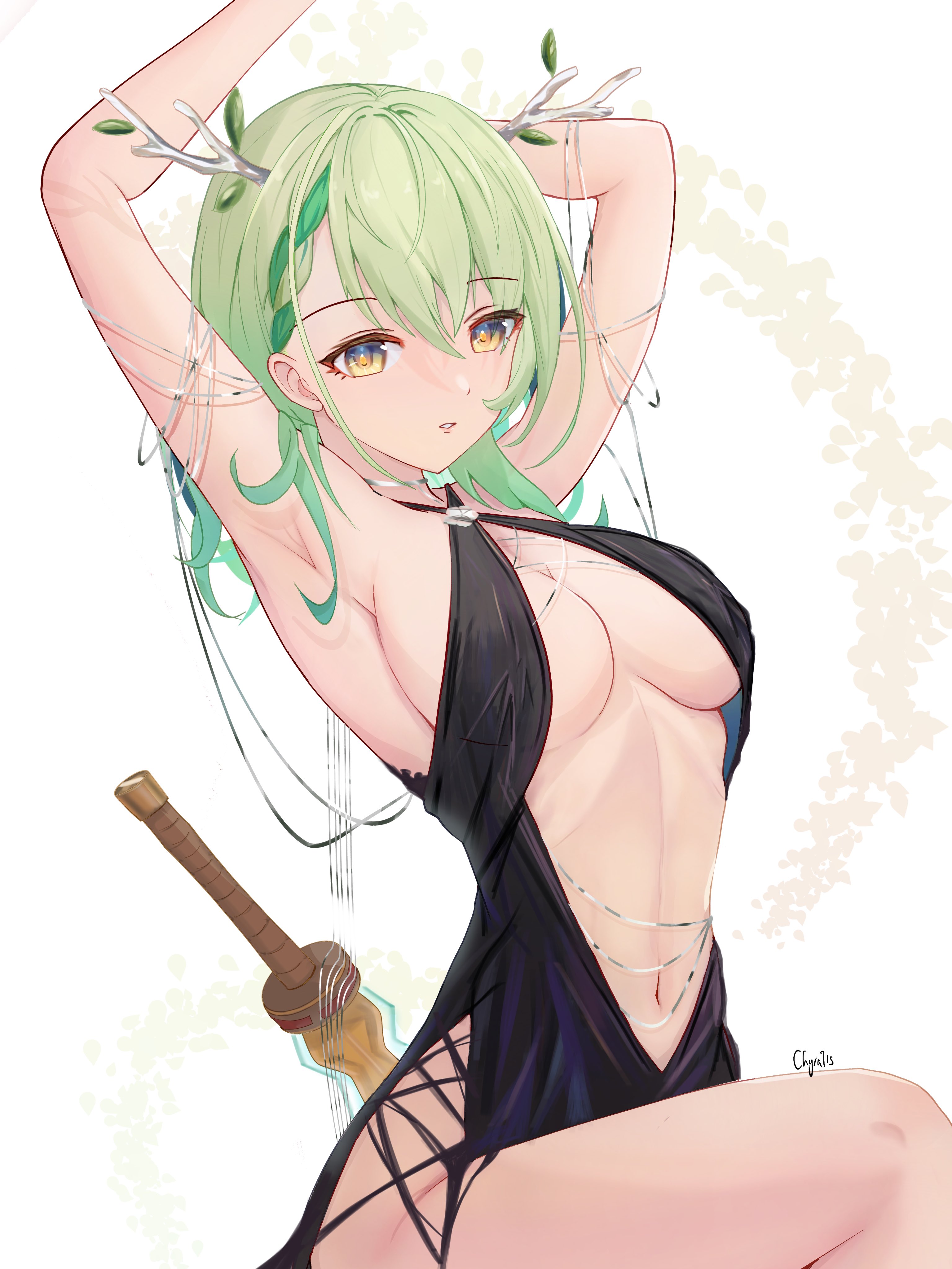 1girls, 2d, 2d (artwork), antlers, armpits, breasts, ceres fauna, dress, female, female focus, female only, green hair, hi res, highres, hololive, hololive english, hololive english -council-, hololive english -promise-, inner sideboob, looking at viewer, medium breasts, midriff, sideboob, simple background, solo, solo female, solo focus, thighs, underboob, virtual youtuber, white background