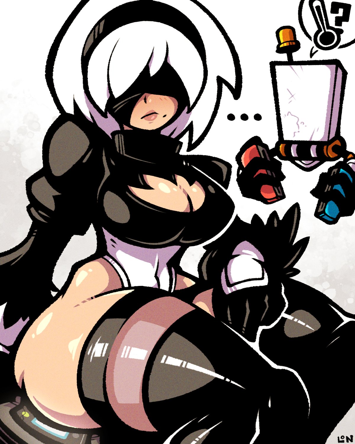 ass, beauty mark, big breasts, blindfold, breasts, emotionless, eye covered, eyes half open, female, joycon controller, latex thighhighs, legendofnerd, leotard, massive hips, massive thighs, nier: automata, short hair, thick ass, thighhighs, thighs, voluptuous, white hair, wide hips, yorha 2b
