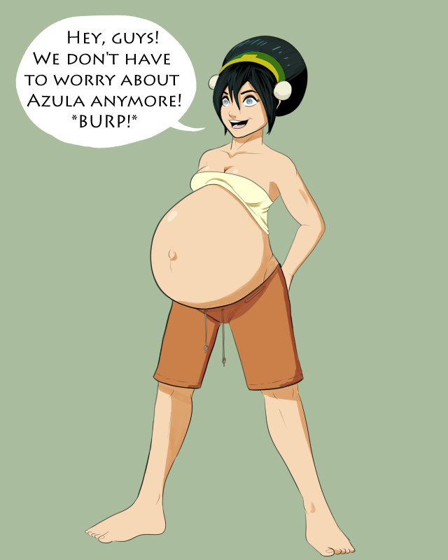 1girls avatar_the_last_airbender barefoot belly big_belly black_hair breasts burp burping cleavage clothing dialogue female female_pred large_breasts outie outie_navel post_vore red_wolfen same_size_vore text toph_bei_fong vore