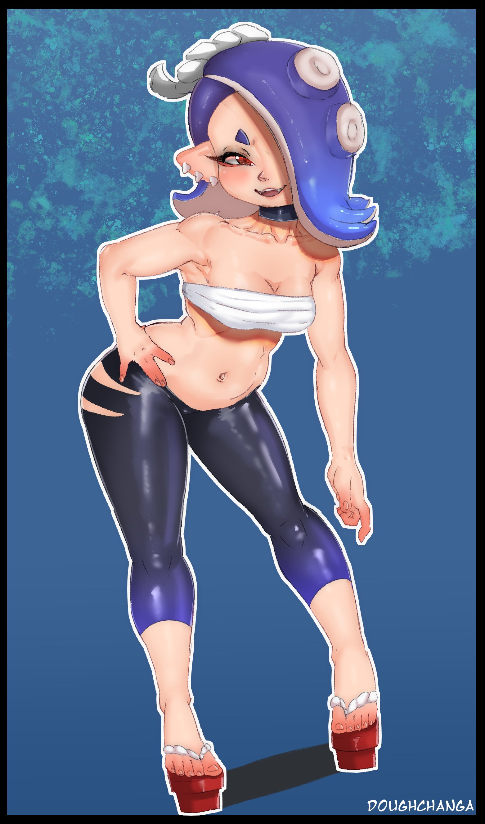 1girls, black pants, blue hair, bottomwear, breasts, cleavage, clothing, doughchanga, earrings, feet, female, female only, flip flops, geta, geta sandals, hair, hair ornament, hair over one eye, hand on hip, japanese sandals, legs, medium breasts, neckwear, octoling, pants, pointy ears, red eyes, sandals, shiver (splatoon), solo, solo female, splatoon, splatoon 3, thick thighs, thighs, topwear