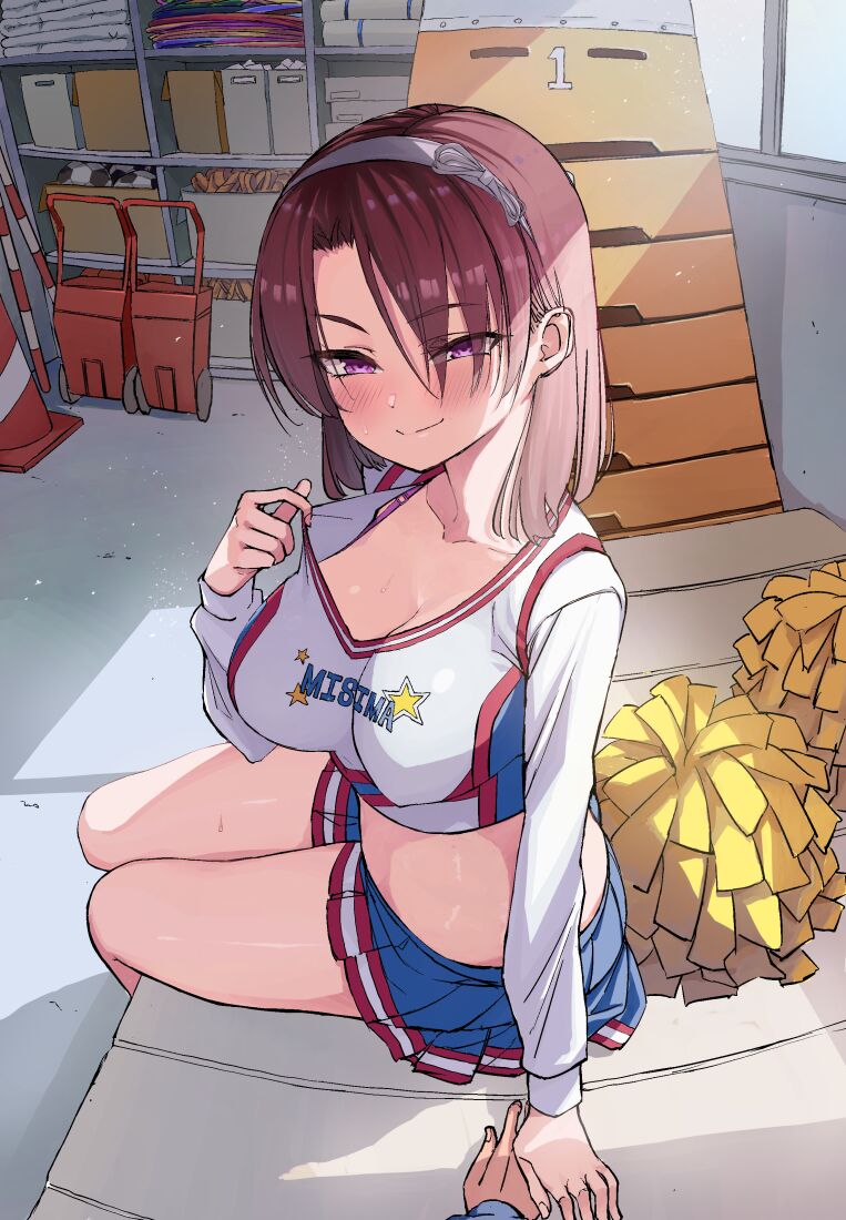 big breasts, bra, bra strap, breasts, cheerleader, cheerleader uniform, cleavage, female, flirting, gym storeroom, hand holding, imminent sex, ishizaka ryuudai, looking at viewer, midriff, miniskirt, naughty face, original, original character, pleated skirt, pom poms, school uniform, schoolgirl, skirt, teasing, thighs, wholesome