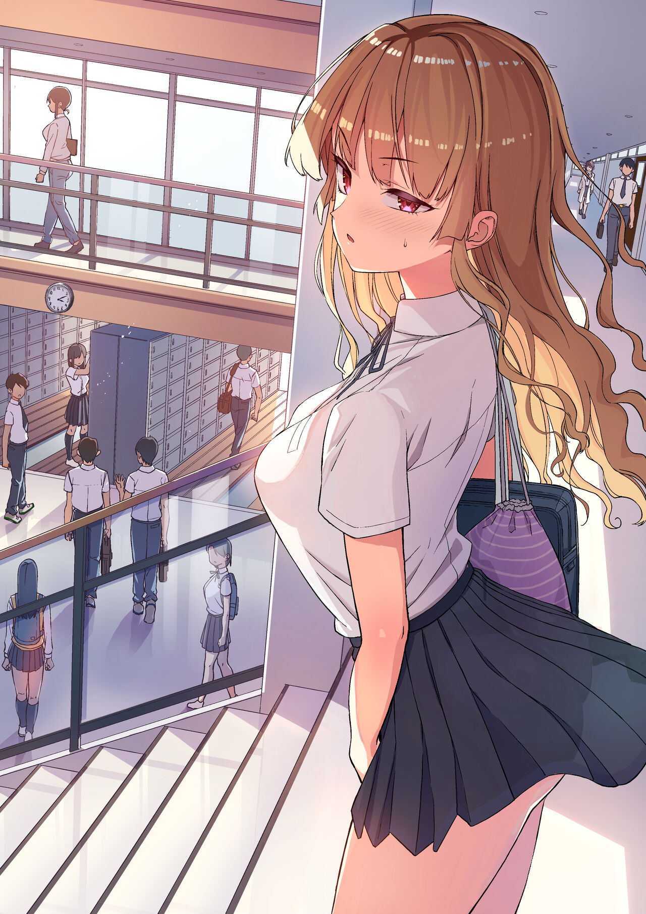 1girls, ass, big breasts, blonde hair, blush, breasts, embarrassed, female, holding skirt, ishizaka ryuudai, large breasts, long hair, no panties, original, original character, school uniform, schoolgirl, skirt, skirt hold