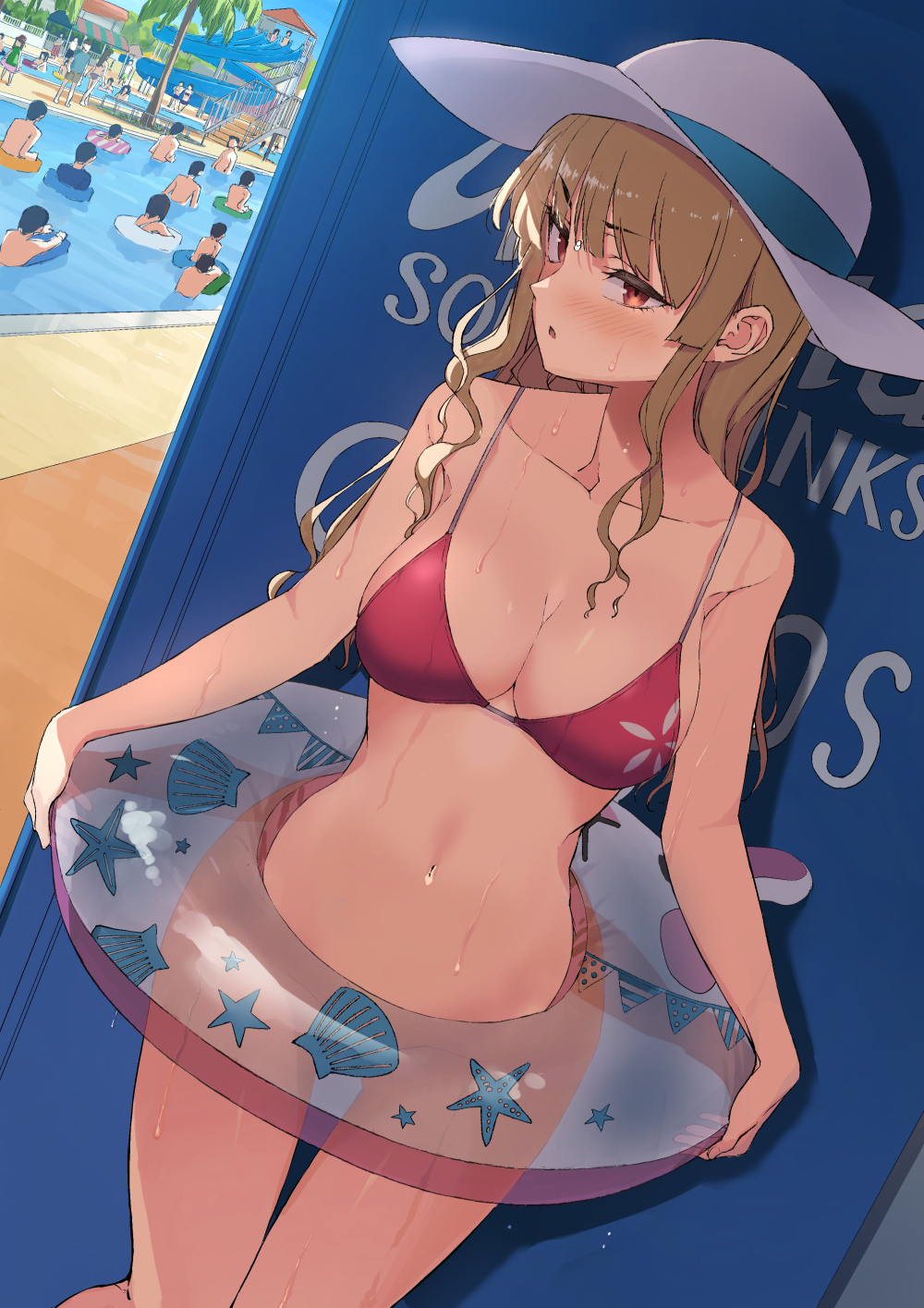 bikini, bikini top, blonde hair, blush, bottomless, embarrassed, ishizaka ryuudai, looking away, original, original character, partially clothed, pool, wardrobe malfunction, water, wet