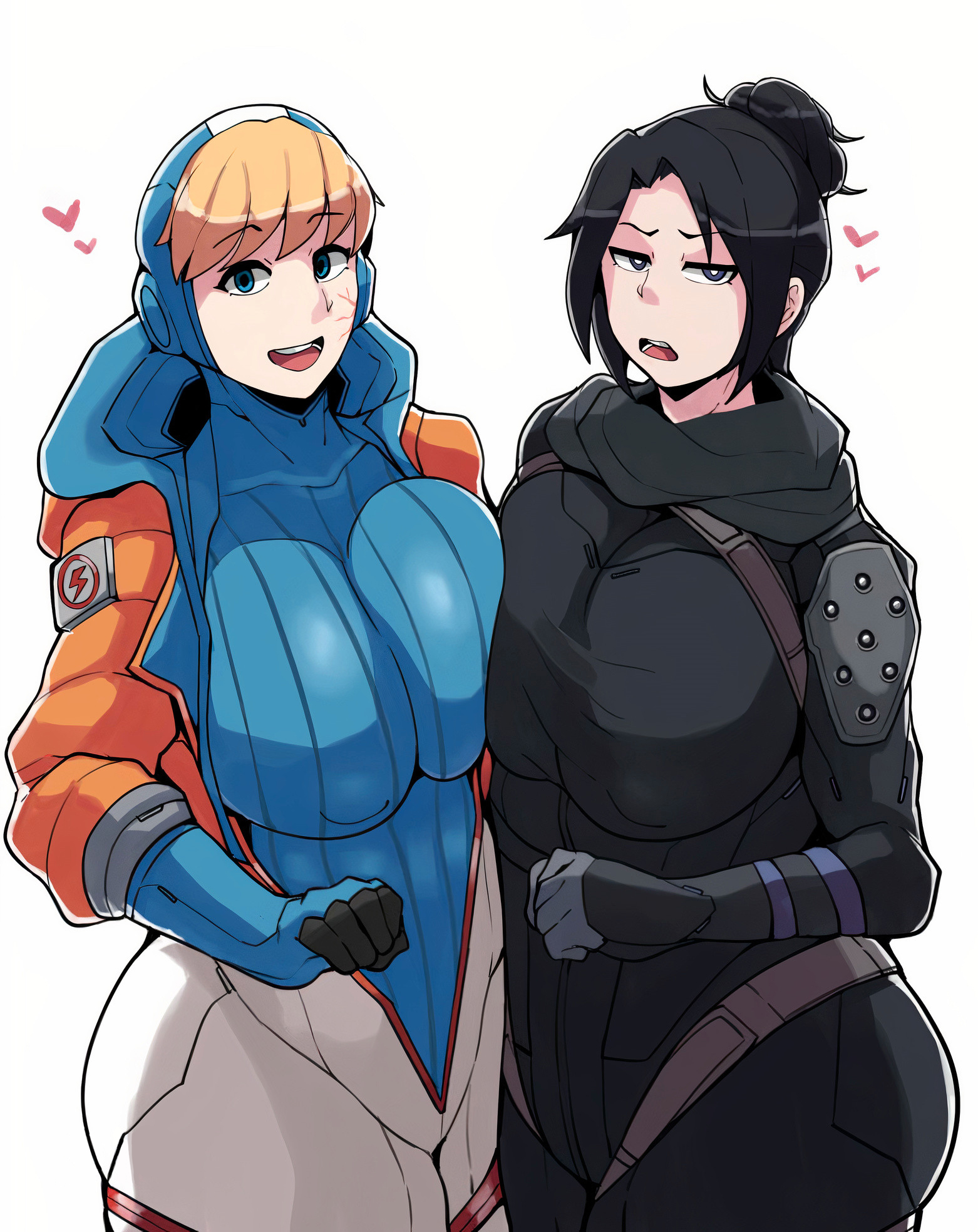 2d, 2girls, alternate breast size, apex legends, ass, ass up, belt, big ass, big breasts, big butt, bottom heavy, breast hold, breast press, breast squeeze, breast squish, breasts, clothes between breasts, enormous breasts, female, female only, gigantic breasts, happy, heart, horu, huge breasts, looking at another, looking at partner, looking at viewer, nipple visible through clothes, nipples, nipples visible through clothing, outgrowing clothes, oversized breasts, simple background, skinsuit, stretched clothing, thick, thick ass, thick hips, thick legs, thick thighs, tight, tight clothes, tight clothing, tight fit, tight pants, tights, wattson (apex legends), wraith (apex legends)