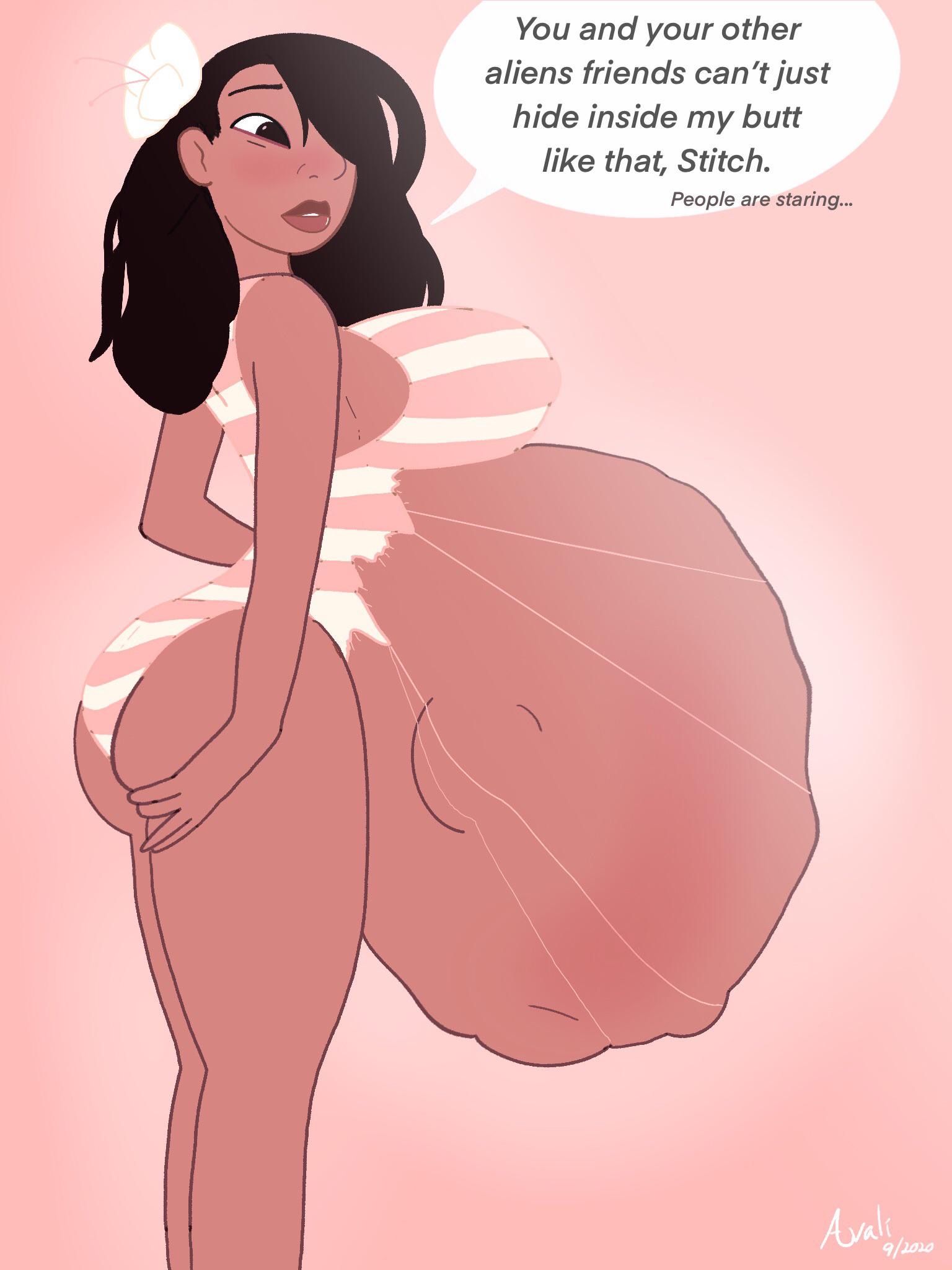 1girls, anal vore, ass, belly, belly bulge, big belly, bikini, dark skin, dark-skinned female, dialogue, endosoma, female, female pred, huge belly, implied anal vore, lilo and stitch, nani pelekai, safe vore, same size vore, soft vore, stretchysophie, text, vore