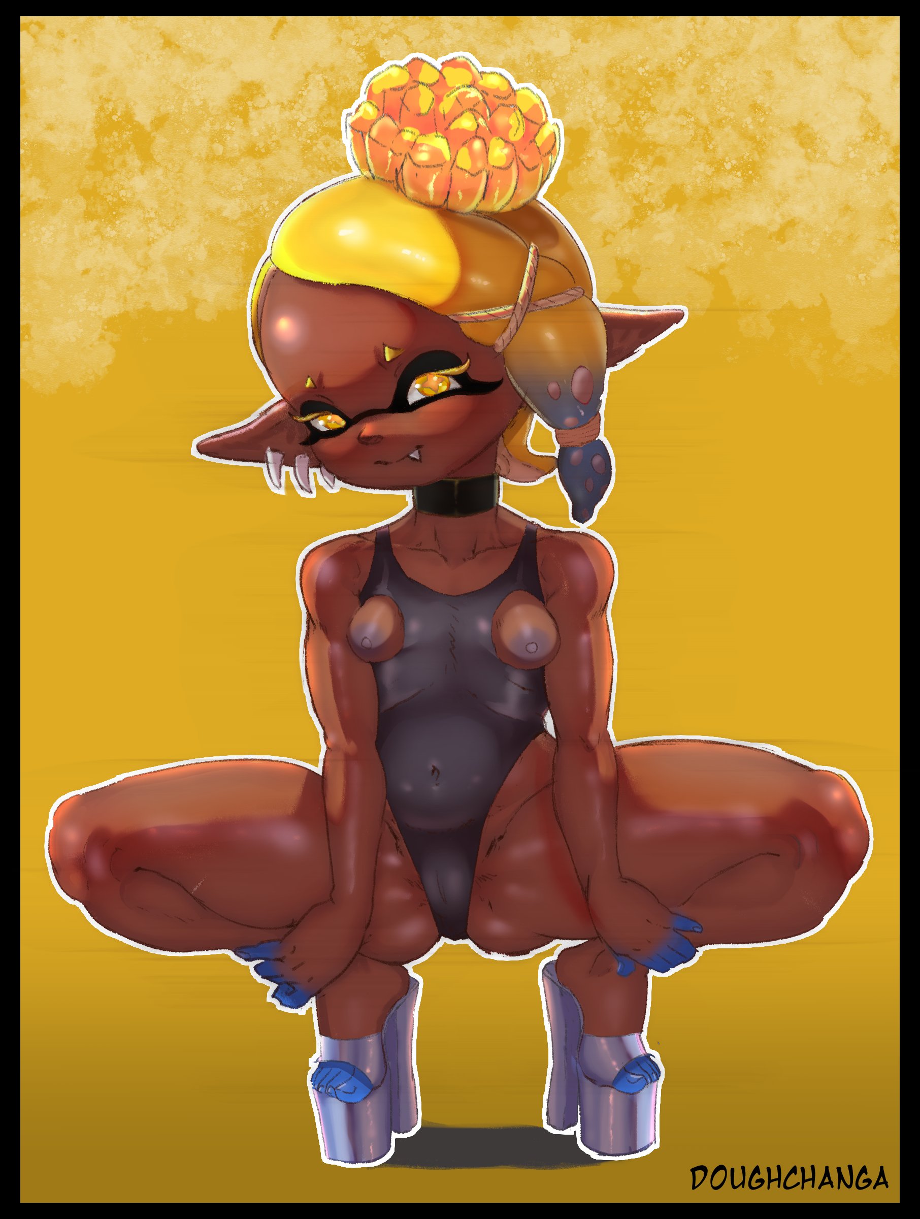 1girls, areolae, breasts, doughchanga, earrings, feet, female, female only, frye (splatoon), hair, hair ornament, hands on thighs, headwear, heels, high heels, legs apart, legs spread, neckwear, nintendo, nipples, one-piece swimsuit, platform heels, pointy ears, smile, solo, solo female, splatoon, splatoon 3, swimsuit, swimwear, thick thighs, thighs, yellow eyes, yellow hair