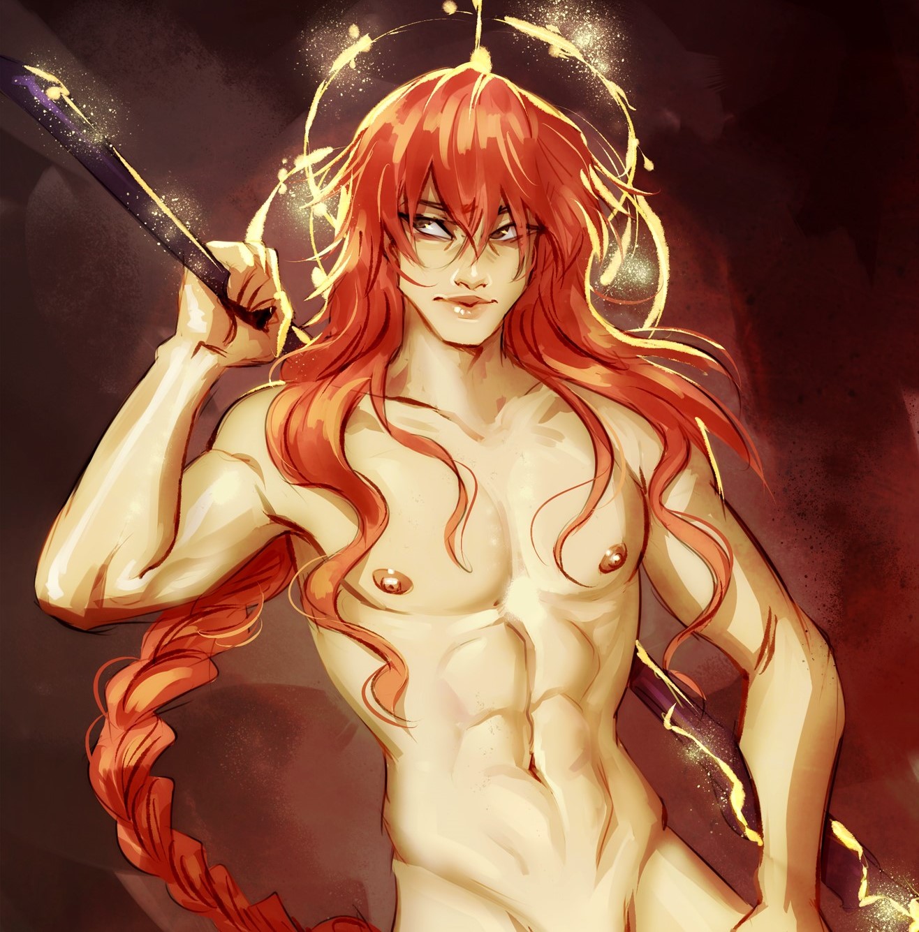 1boy, bishonen, elden ring, fromsoftware, long hair, male, male only, muscular, muscular male, nipples, nude, nude male, radagon of the golden order, red hair, ripushko, twunk