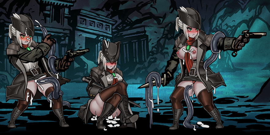 bloodborne blue_eyes breasts_out crossover cum dagger darkest_dungeon frown hat highwayman_(darkest_dungeon) lady_maria_of_the_astral_clocktower medium_breasts niur pistol sword tentacle white_hair