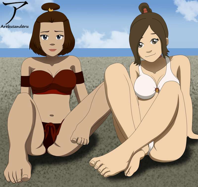 2girls, arekusanderu, artist name, avatar the last airbender, barefoot, beach, belly, belly button, bracelet, braided hair, braided ponytail, breasts, cleavage, earth kingdom, feet, female, female focus, female only, fire nation, fire nation clothing, foot fetish, hair ornament, hair ribbon, looking at viewer, medium breasts, pose, posing, smiling at viewer, suki, swimsuit, ty lee